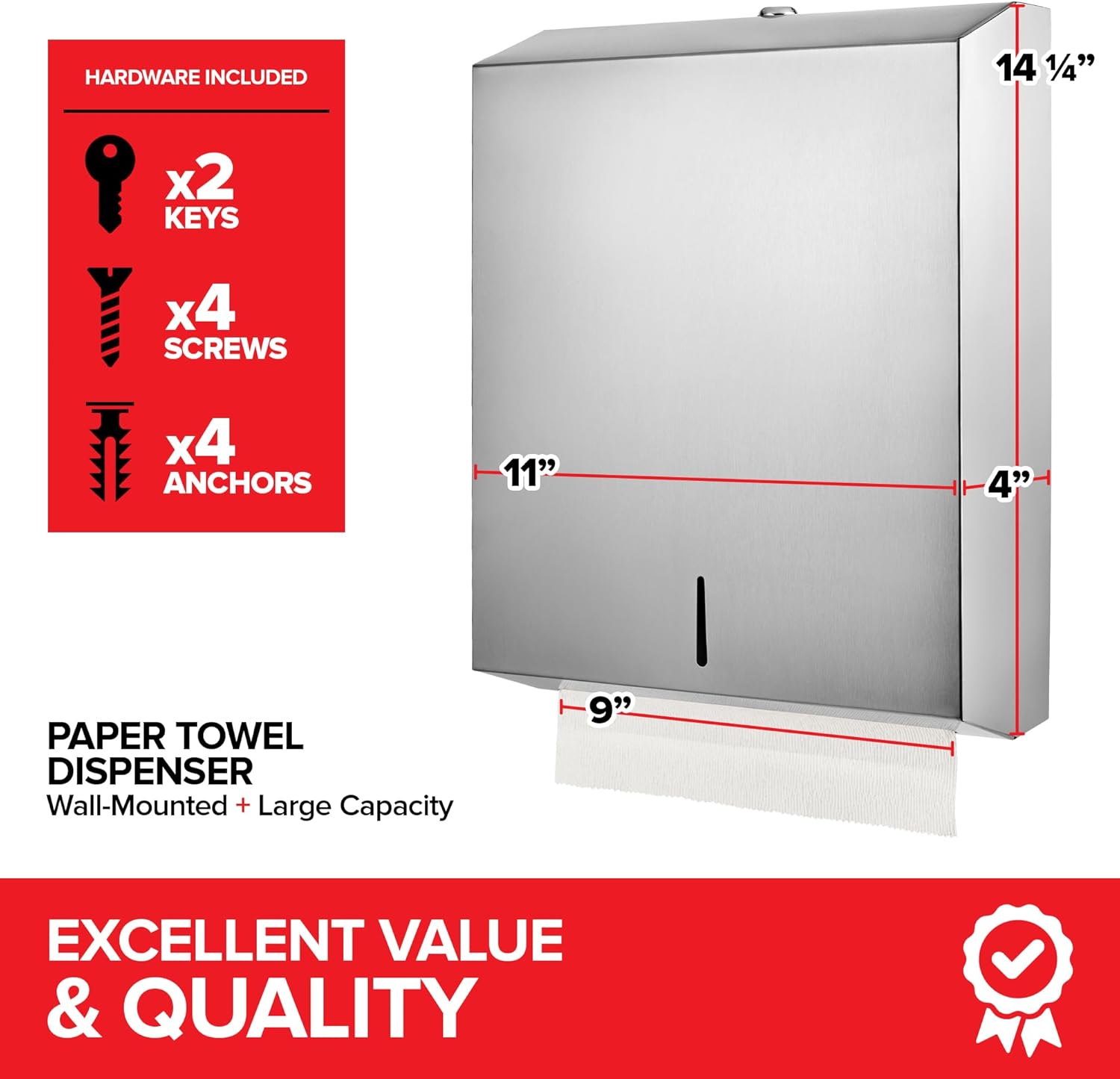 Wall Mount Paper Towel Dispenser, Large Capacity Stainless Steel Hand Towel Holder for Bathrooms and Kitchens, Commercial Dispenser Holds 400 Towels