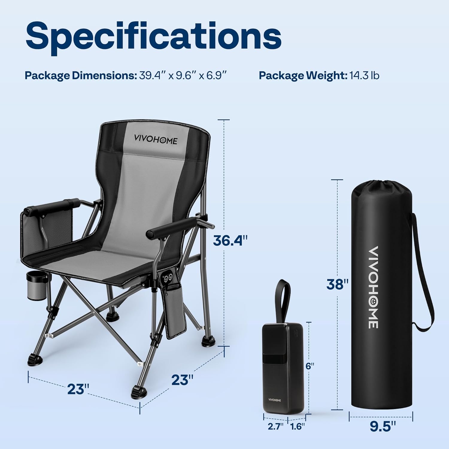 vivohome 45w padded heating camping chair with 27000mah power bank, heated portable folding lawn chair for outdoor sports, 3 levels of heat, overheat protection system, black and gray