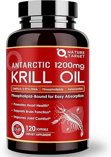 NATURE TARGET Aceite de krill de 1200 mg con omega-3 EPA y DHA con astaxantina, fosfolípidos y colina, apoya el corazón, el cerebro, la salud, sin