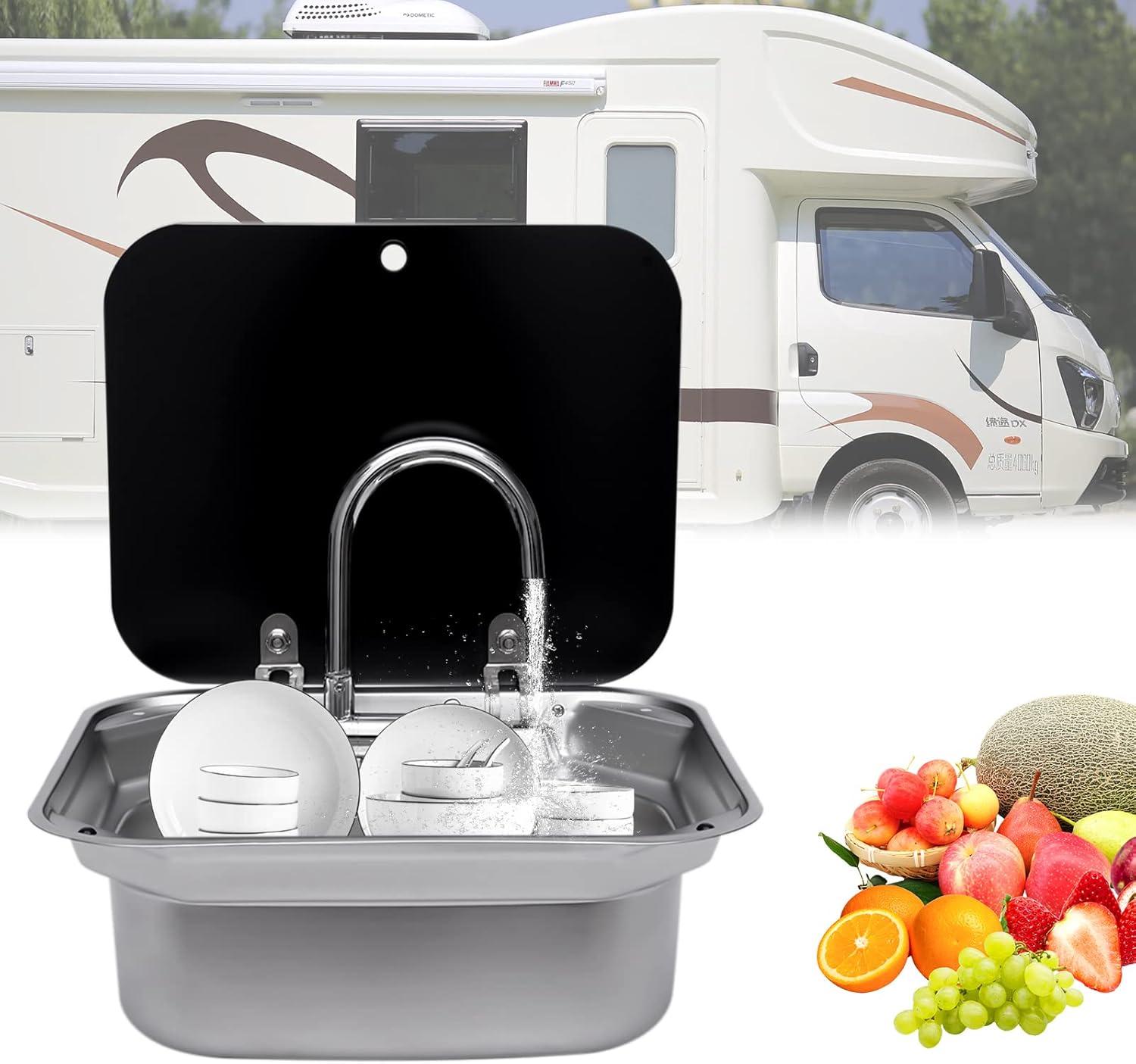 Folding RV Sink & Faucet Combo W/Lid, Bar Kitchen Sink 16.3*14.6*6.3 In Undermount Drop-in Sinks 304 Stainless Steel Single Bowl Workstation Sink Caravan Camper Van Boat Trailer Sink Hand Wash Basin