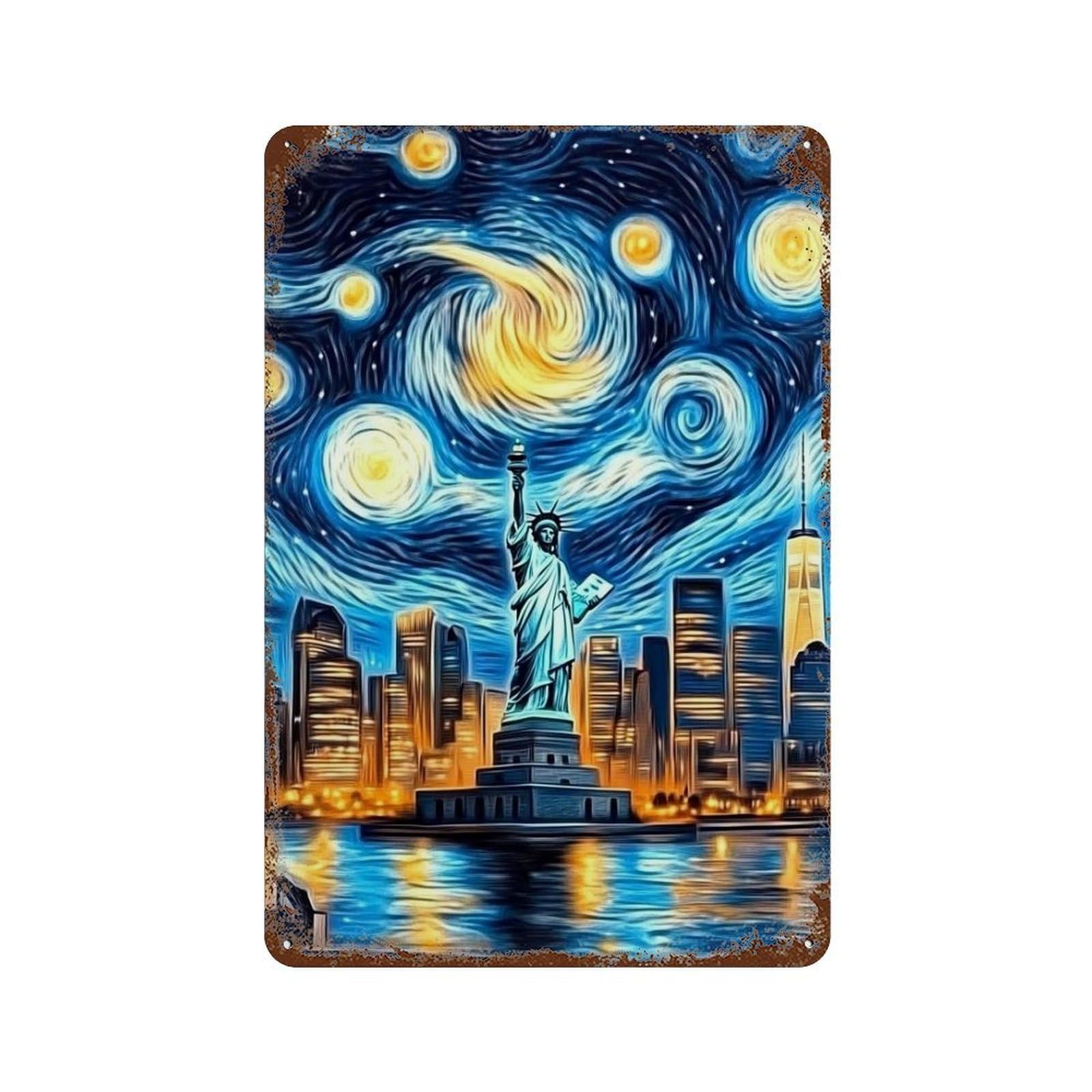 Rust Effect New York City Skyline with Statue of Liberty -2 Rusty Metal Tin Sign 11.8"x7.9", Farmhouse Wall Decor for Cafe, Home Bar And Lounge Decor