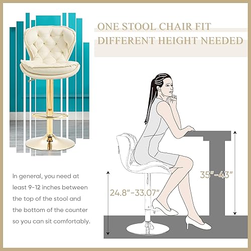 Miniatura 18 de SLEERWAY Juego de 2 taburetes de bar giratorios modernos, sillas de bar de terciopelo para mostrador de cocina, taburetes de bar dorados, taburetes