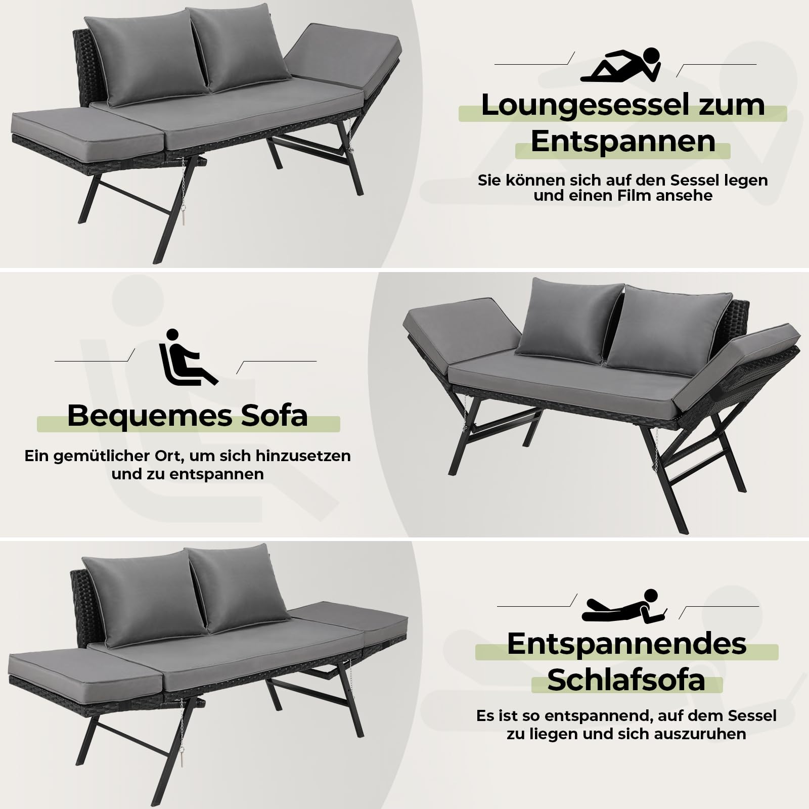 LIFERUN Banc de Jardin en polyrotin avec Fonction allongée, 2 Places, canapé de Jardin en rotin synthétique, avec accoudoirs réglables, résistant aux intempéries, pour terrasse, Jardin, Balcon, Noir