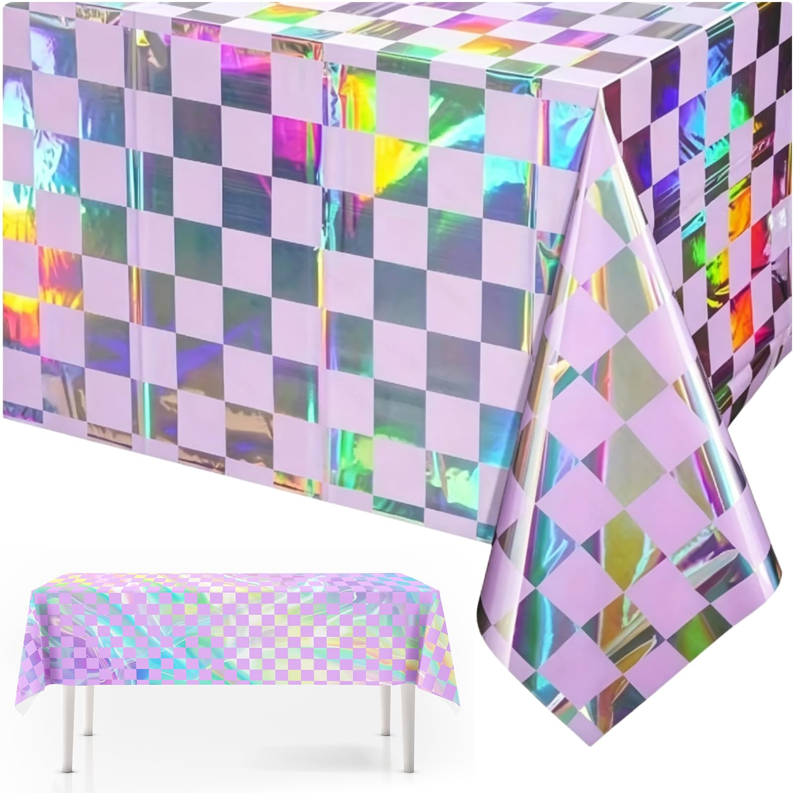 2pcs Laser Purple and White Checkered Disposable Table Cloth Table Covers,137*274cm Holographic Laser Party Rectangular Tablecover Plastic Tablecloths for Racing Party,Picnic,Baby Shower,Birthday