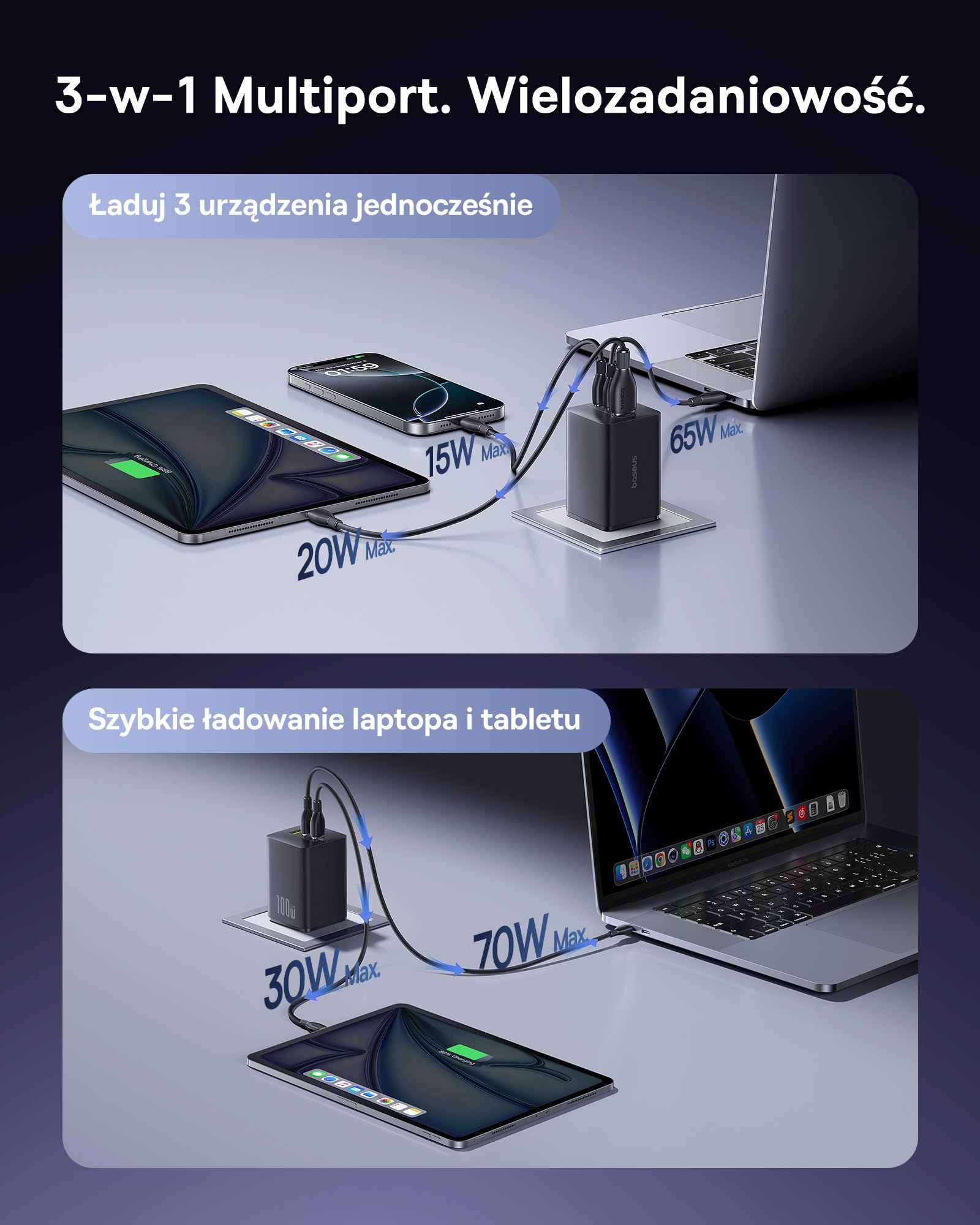 Baseus Enerfill ładowarka USB C 100 W, 3-portowy zasilacz USB C, ładowarka PD z PPS, szybka ładowarka GaN kompatybilna z MacBook Pro/Air, iPad, laptopem, iPhone 16 Pro Max, Galaxy S25, Pixel, czarna
