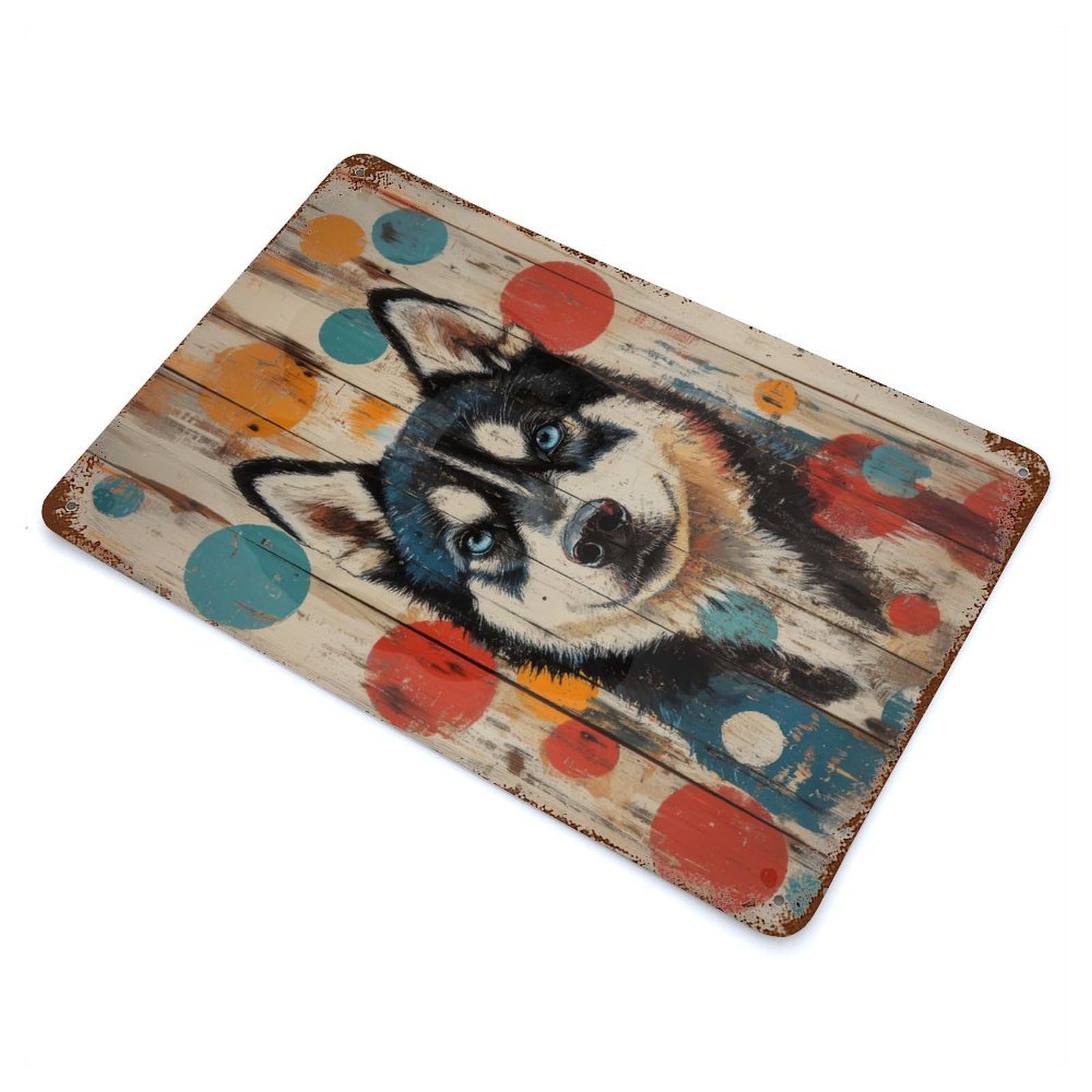 Husky Dog Portrait on Wood Aged Metal Wall Plaque 11.8"x7.9", Industrial Home Decor for Pub, Kitchen And Man Cave Decor