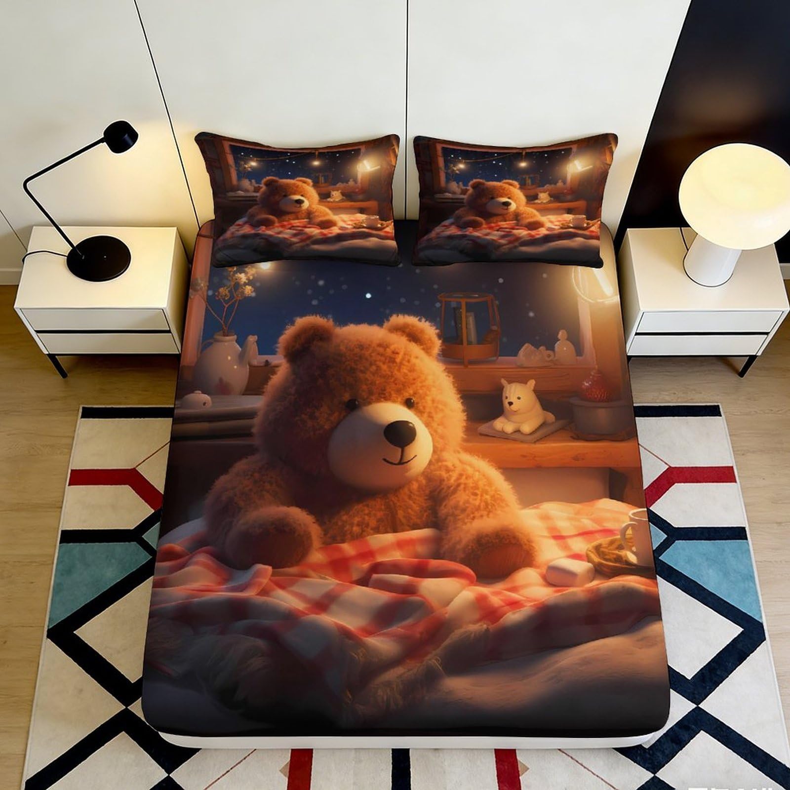 3D Printed Teddy Bear Night Fitted Sheet Microfiber Cosy Bedroom Decor Cartoon Animal Mattress Cover Gift 90x200x25cm