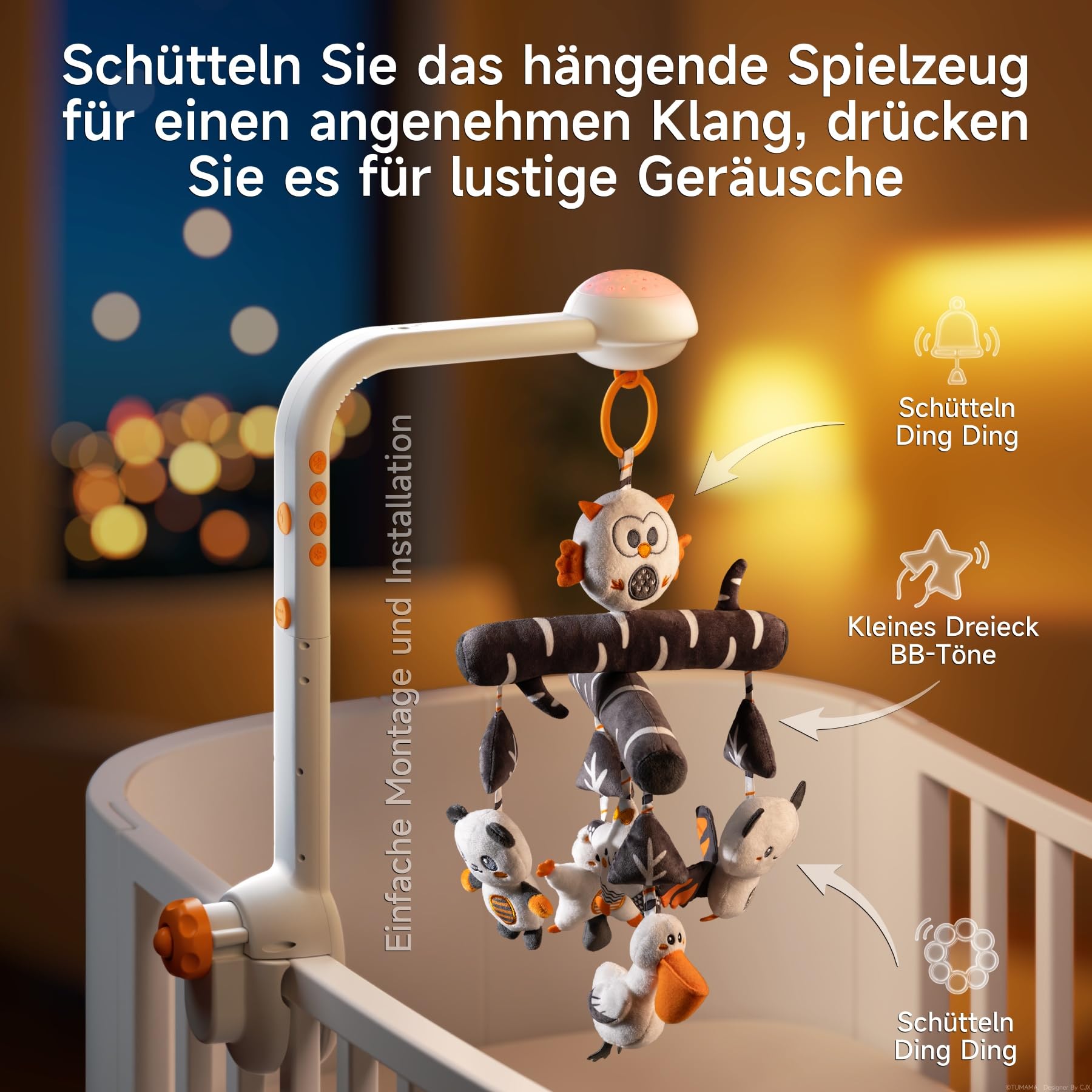 TUMAMA Baby Mobile Babybett Mit Musik, 3 In 1 Baby Mobiles Für Bett Mit Projektion Licht, Rotation, Musik Spieluhr, Drehbares Und Abnehmbares Greifspielzeug Zubehör Spielzeug Ab 0 2 3 6 9 12 Monate