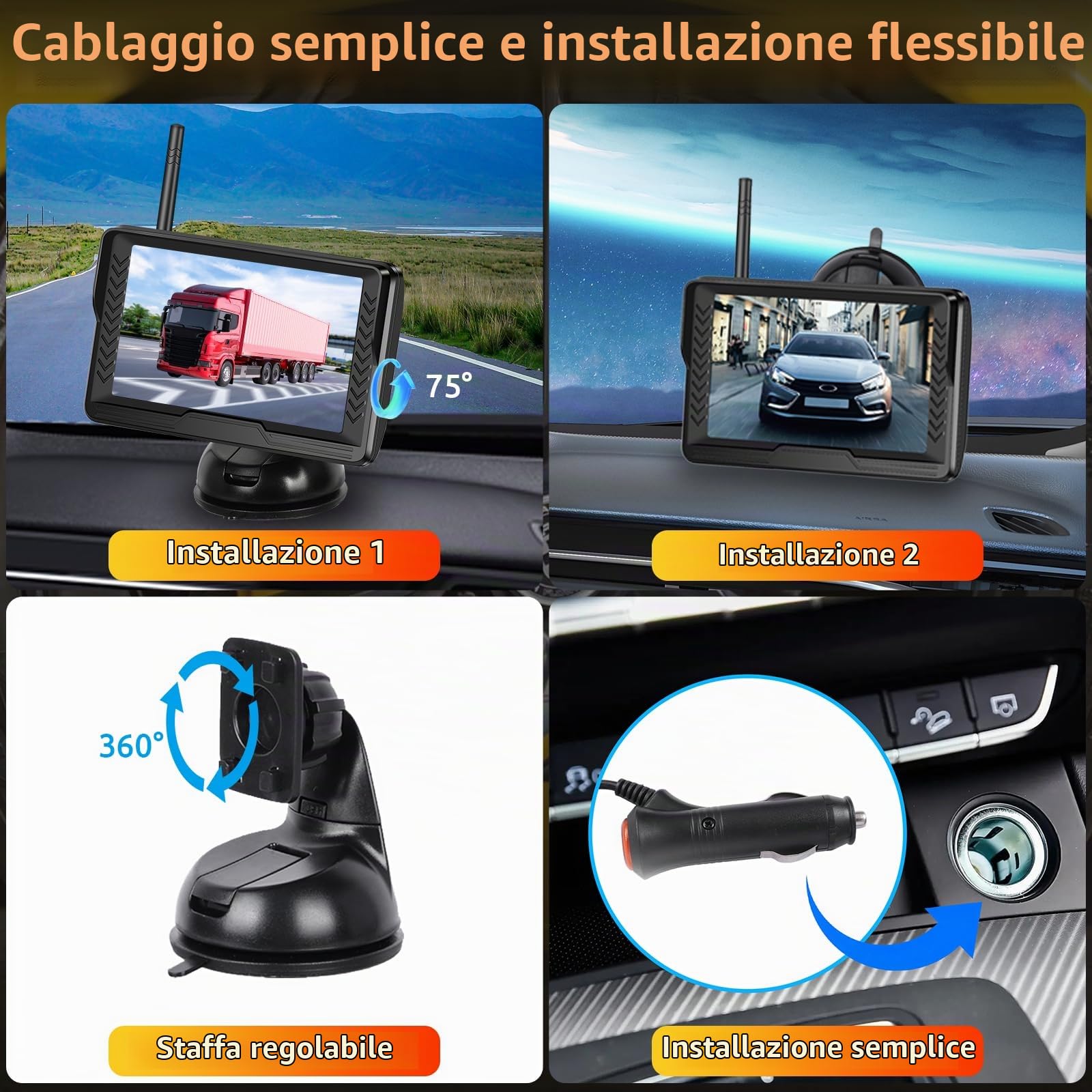 Podofo Wireless Telecamera Retromarcia AHD Con Monitor da 5 '' Digitale IP69 Visione Notturna Impermeabile Ventosa Grandangolare Facile Installazione Con Macchina Fotografica Della Targa DC12V