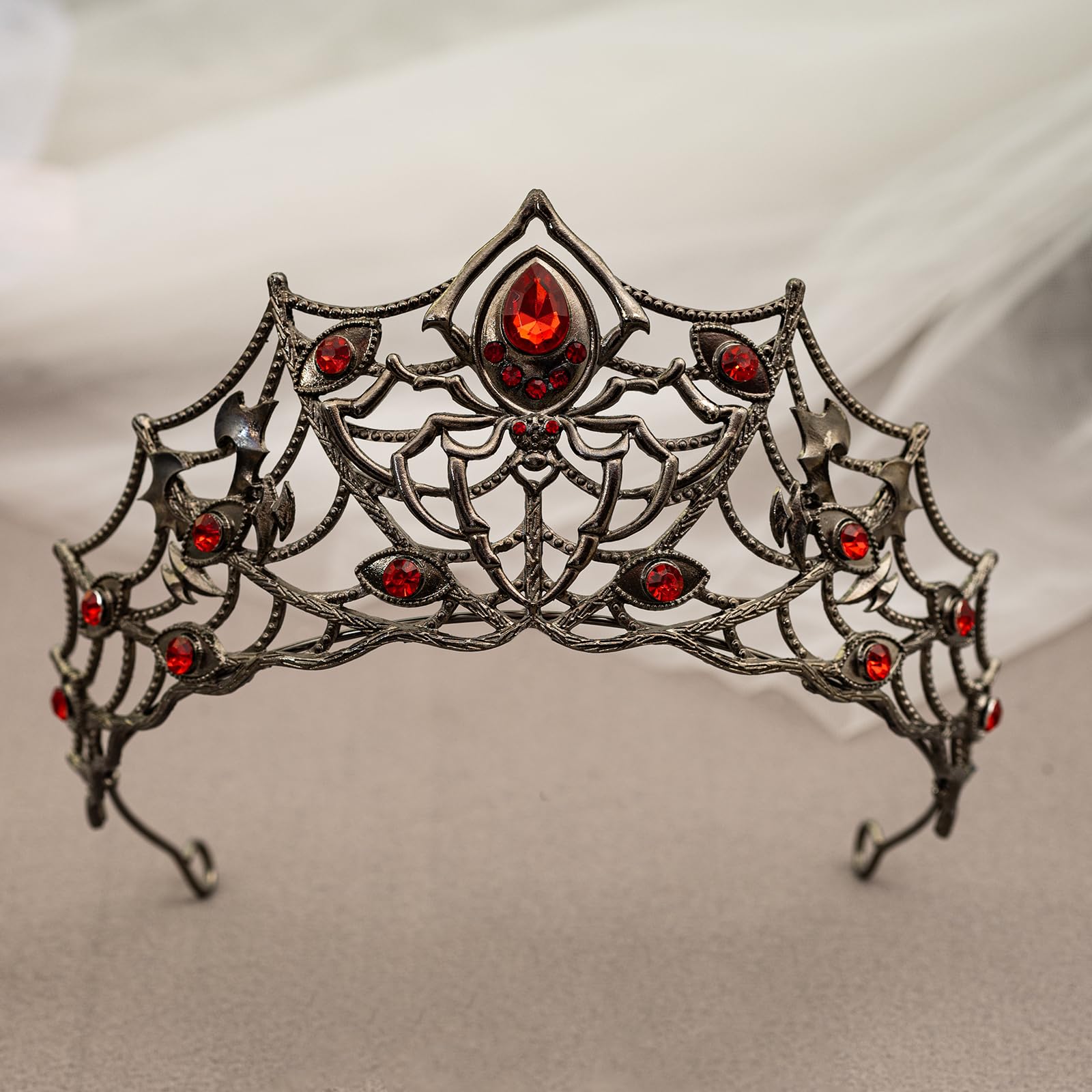 Gothic Black Spider Web Crystal Tiara Crown for Women Girls, Dark Queen Halloween Cosplay Headpiece, Vintage Rhinestone Headband for Masquerade Party Wedding Prom Stage Accessories: Black Red Diamond