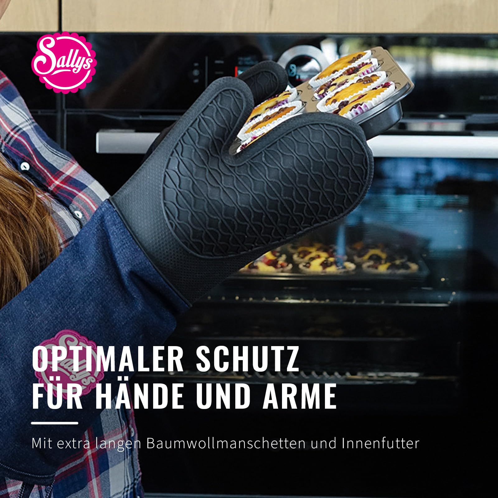Sallys Backhandschuhe - 1 Paar aus Silikon mit Extra Langen Baumwollmanschetten - Wasserdicht & Hitzebeständig bis 230 Grad - Für Rechts- & Linkshänder