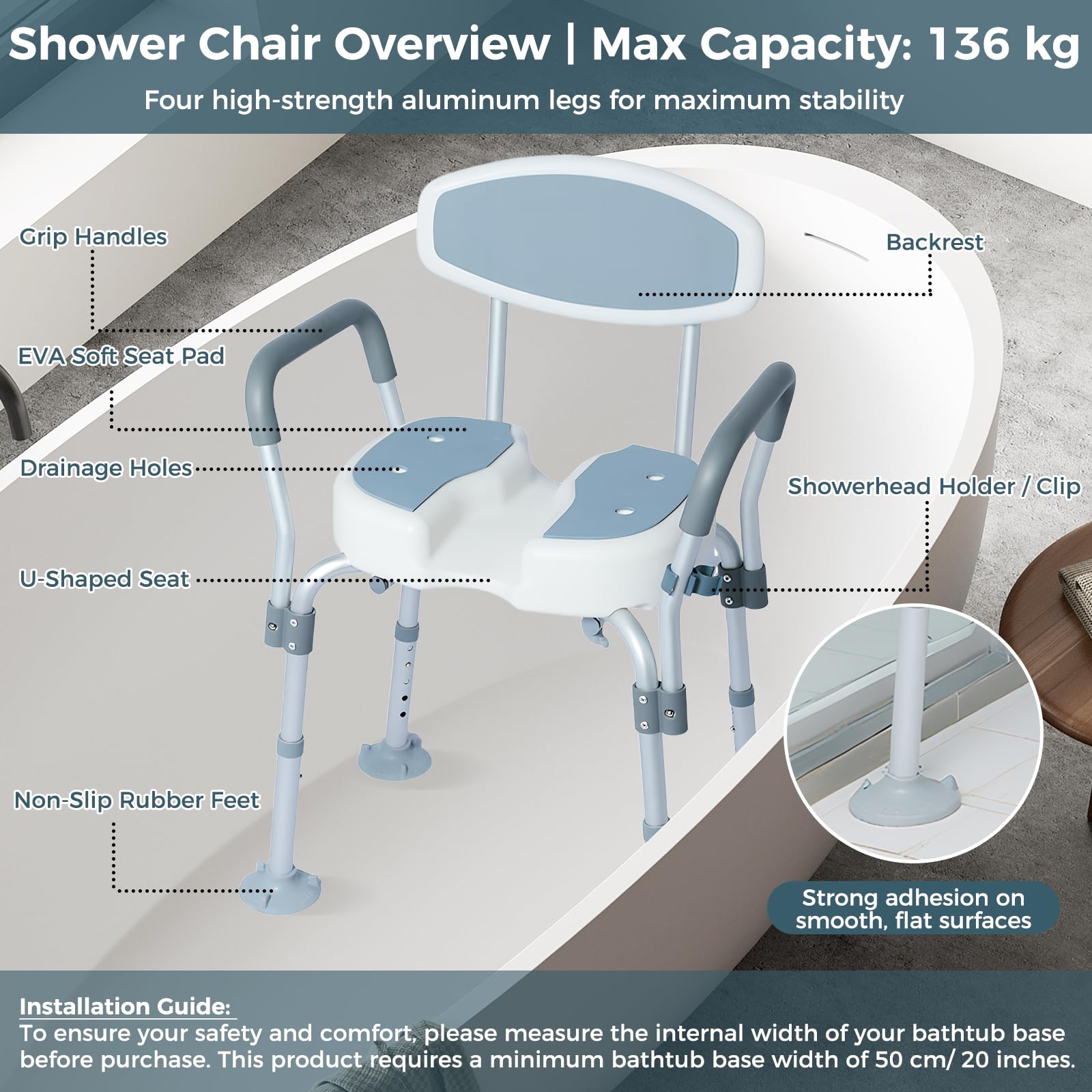 Silla de Ducha Giratoria 360°, Taburete de Ducha para Personas Mayores Altura Ajustable Asiento Ducha con Respaldo y Apoyabrazos Máx. 136kg