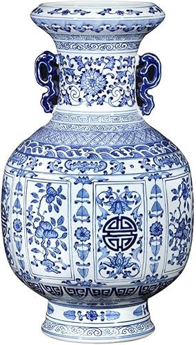 Florero de escultura florero de cerámica chino retro pintado a mano azul y blanco, florero de porcelana grande de 16.5 pulgadas para decoración de