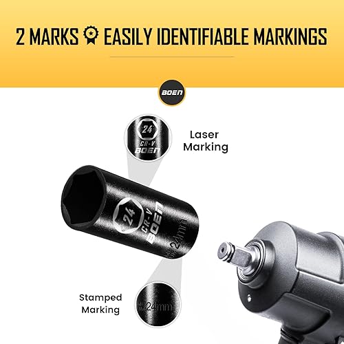 Miniatura 5 de BOEN 12" unidad de enchufe de impacto profundo, enchufe de impacto premium, enchufe de 24 mm, métrico, 6 puntas, acero Cr-V con marcaje láser -