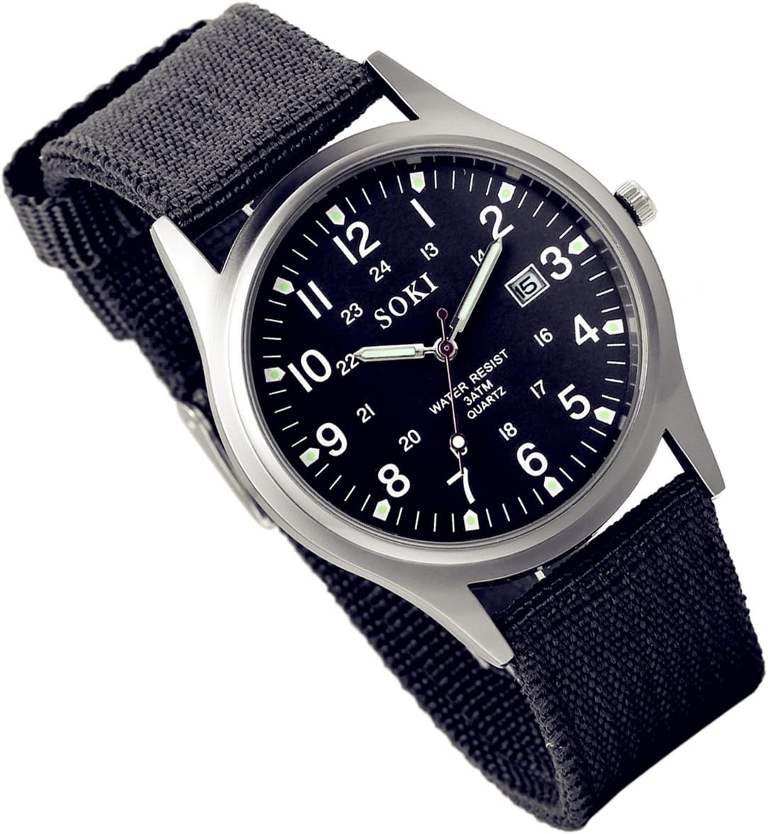 Simplicity Analog Quartz Watch with Woven Nylon Band Luminous Hand Military Time 24H (Black) for Men