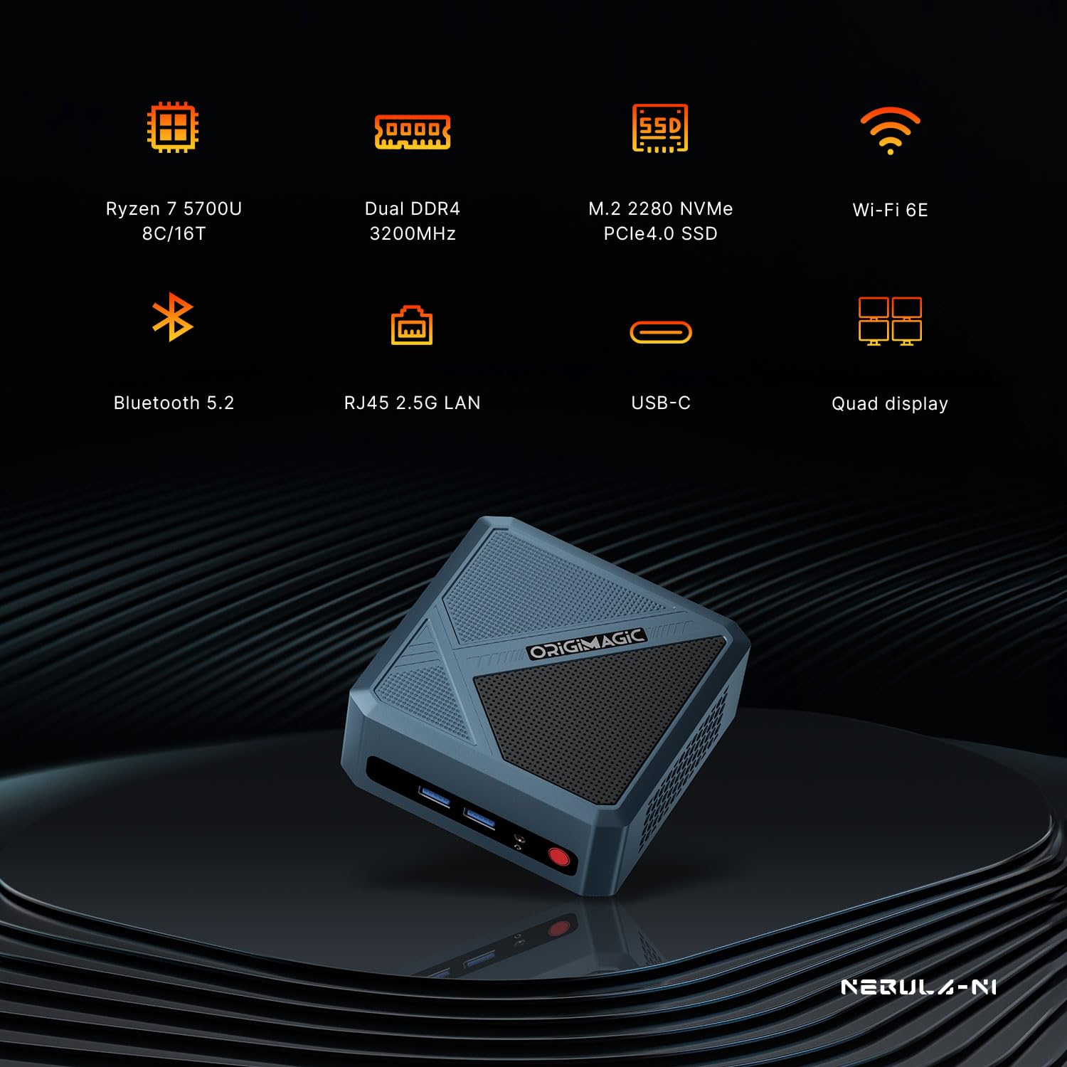 origimagic N1 Lite Mini PC,con Ryzen 7 5700U(fino a 4,3GHz),32GB RAM 3200Mhz 1TB M.2 NVME SSD Mini Desktop PC,Dual HDMI 2.0/Type-C/WiFi 6/BT 5.2/RJ45 LAN/WOL/Auto Power On