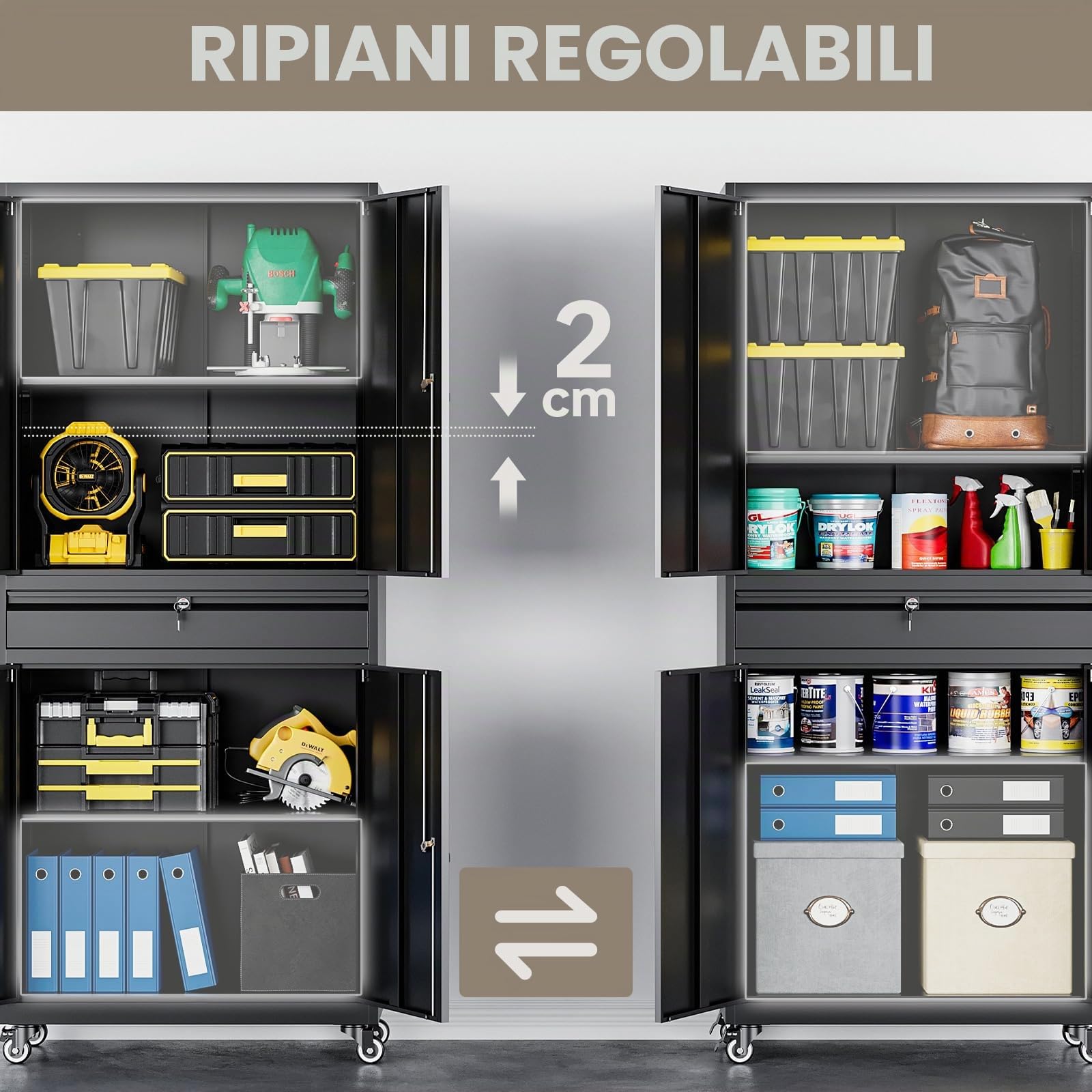 Sightlife Armadio in metallo per attrezzi, 180 x 40 x 80 cm, multifunzione, in acciaio, con divisori regolabili, chiudibile, verniciatura a polvere (su ruote)