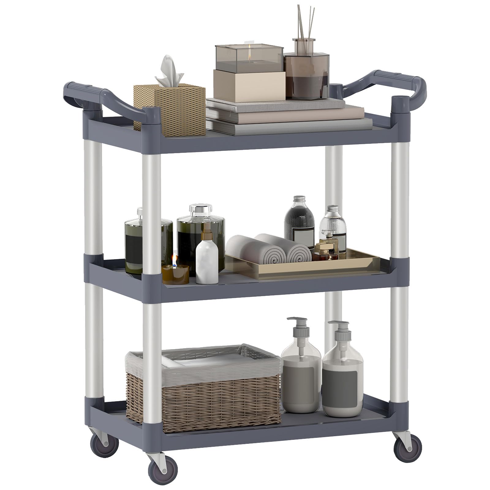 HOMCOM Carrello da cucina in lega di alluminio con ruote Carrello da cucina a 3 livelli Carrello portaoggetti carico 105 kg per Sala da pranzo Bagno 88x44x93 cm Grigio