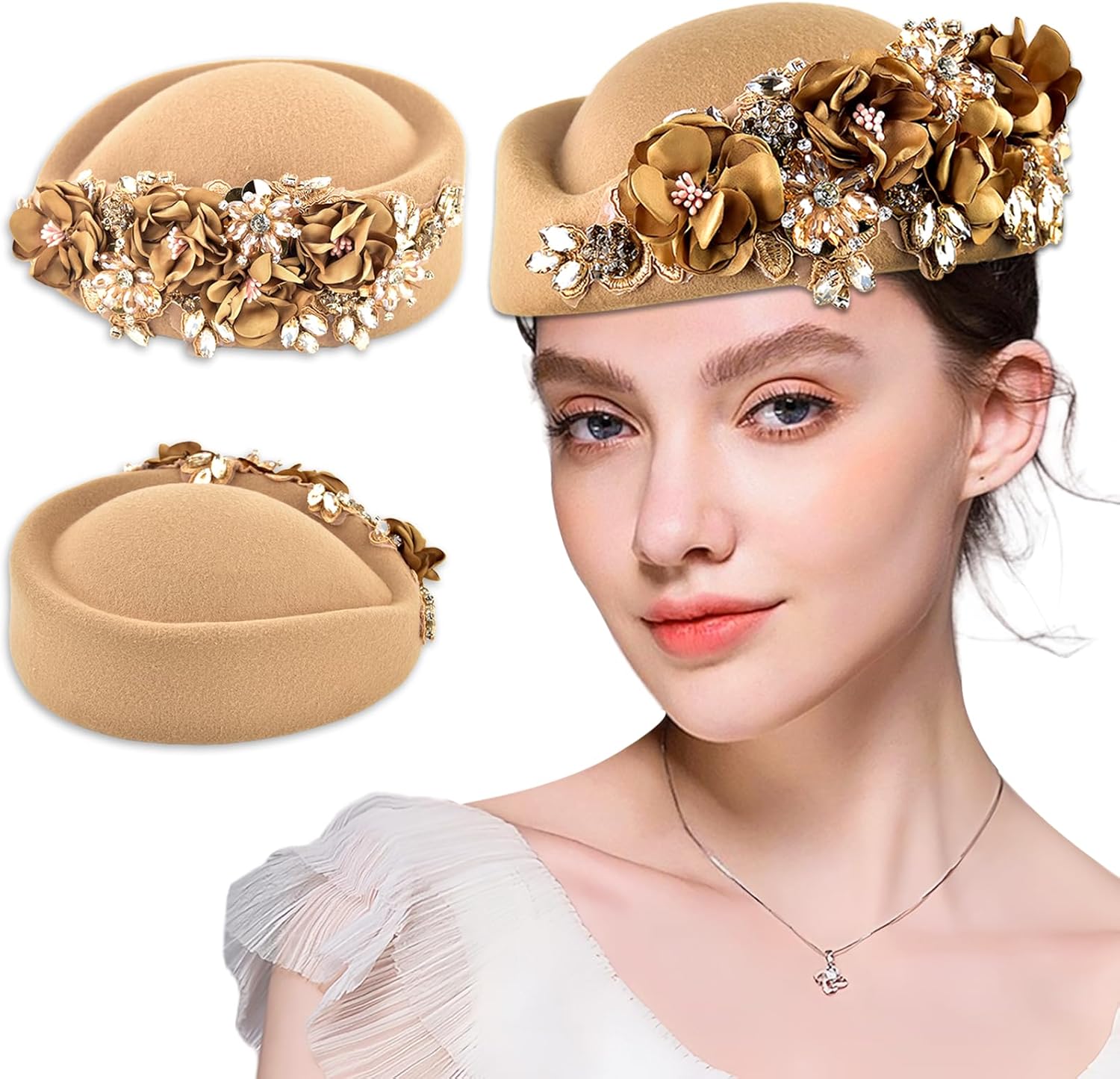 NARUNING Women's Retro Stewardess Felt Hat, British Berets, Rhinestone Flower Decor, Ladies' Church Derby Hat