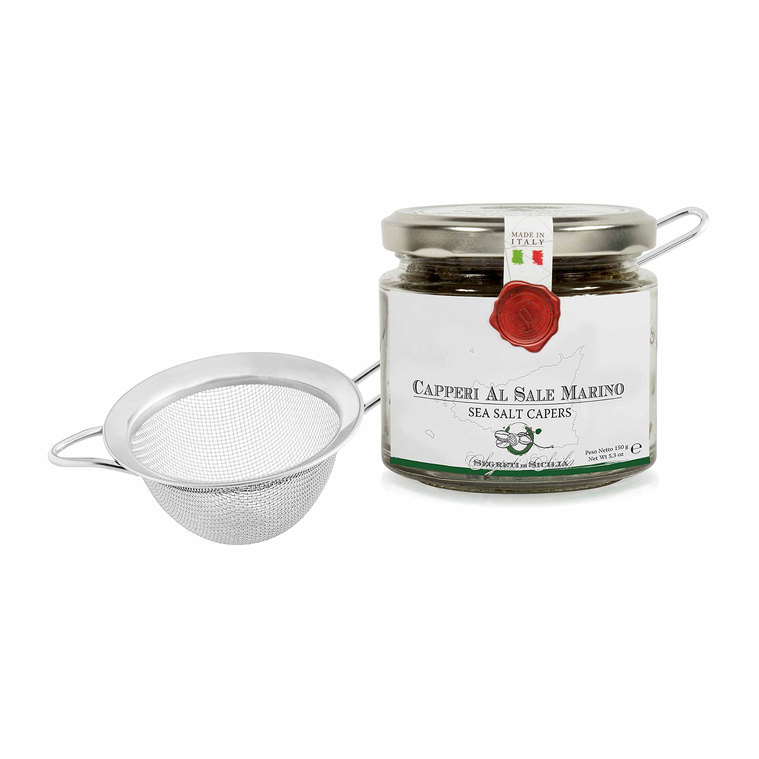 Mercato Di Bellina - Gourmet Italian Capers in Sea Salt with Fine Mesh Strainer - Large Capers Non Pareil - Capers For Cooking and Garnishing - Mediterranean Caper Imported From Italy