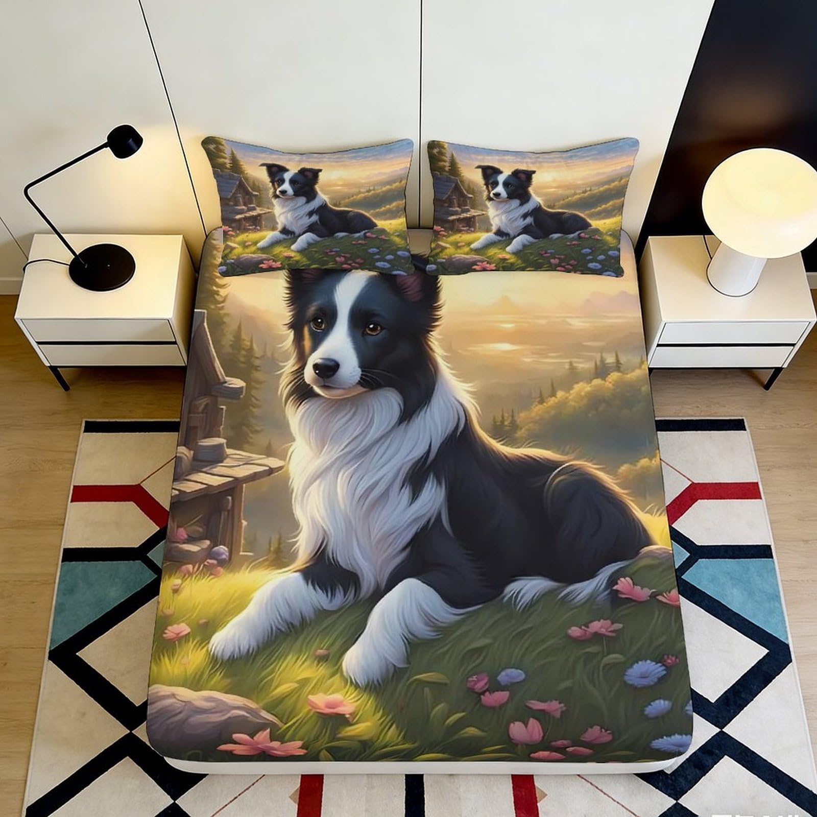 3D Printed Border Collie Meadow Fitted Sheet Microfiber Soft Non-slip Bed Cover for Bedroom Guest Room Decor 90x200x25cm