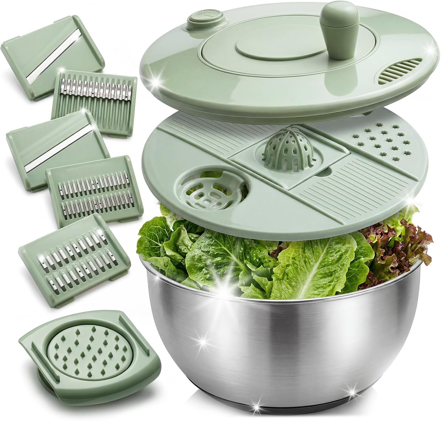Salad Spinner, Stainless Steel Salad Spinner Large, Lettuce Spinner Washer & Dryer, Salad Spinner with Slicer/Grater Inserts, Fruit & Vegetable Spinner Bowl for Kitchen Prep