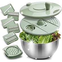Salad Spinner with Slicer &amp; Grater: Stainless Steel Salad Spinner, Lettuce Spinner with Drain, Non-Slip Base,Stop Button,Vegetable Dryer with 3 Blade Slicers, 1 Egg Yolk, 2 Strainer Shredders, 5.3 Qt