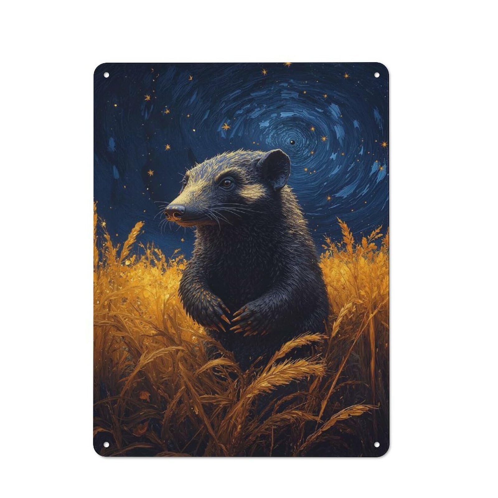Junmoney Style-22 Wolverine In Golden Field Under Starry Sky Cottage Style Metal Wall Decor 40X30cm, Tin Wall Plaque For Kitchen, Cottage, Porch Or Garden Room
