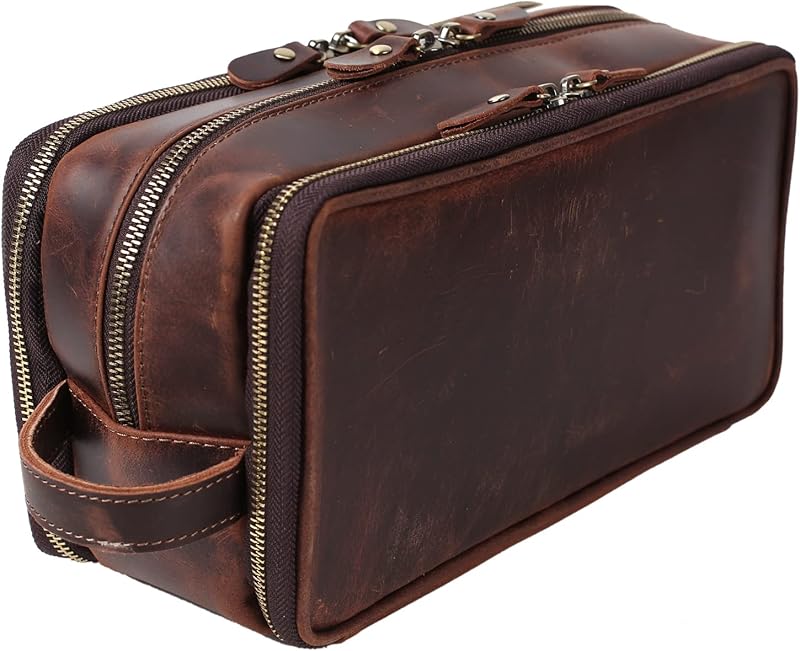 Necessaire de viagem RC ROCKCOW em couro legítimo com zíper, tamanho grande