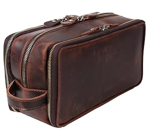 RC ROCKCOW Personalized Leather Toiletry Bag for Men Travel Shaving Dopp Kit-Large Cosmetic Bags Toiletries Bathroom Organizer Coffee