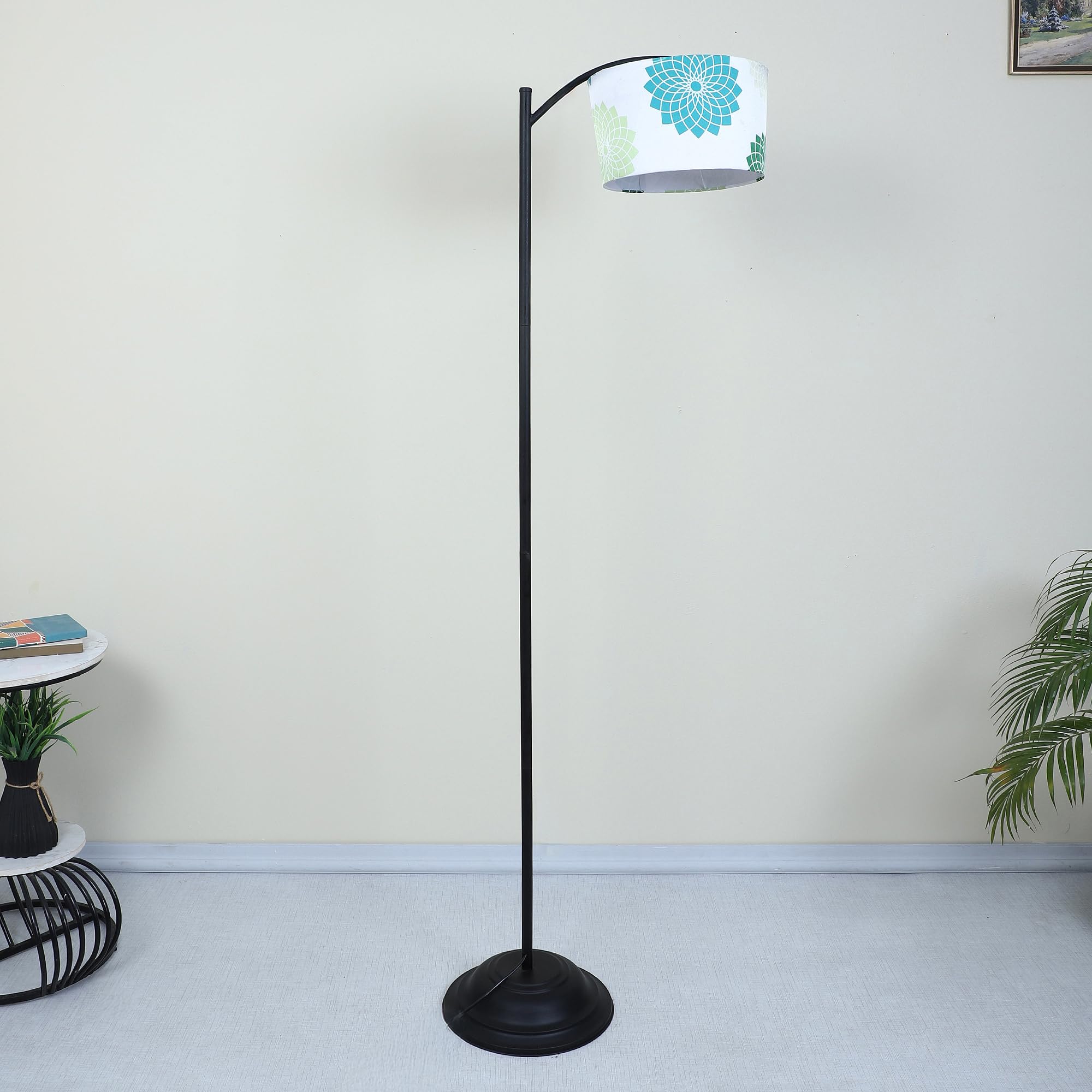 tu casa Modern Lamppost Style Black Iron Base Floor Lamps with Dahlia Floral Print & Satin Shade for Bedroom, Living Room, Lounge, Office Area, Gifting Without Bulb for Home Decoration (Height - 66")-image-9