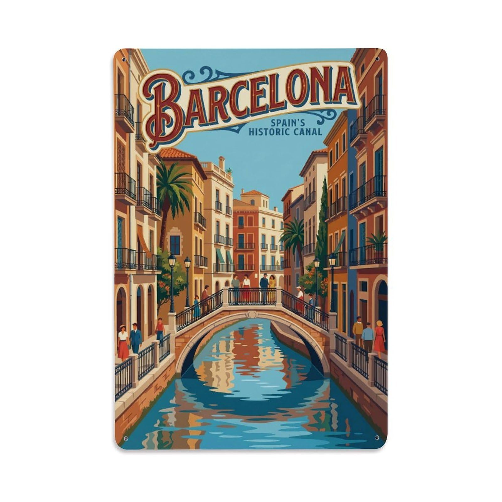 Vintage Travel Canal Spain Narrow Metal Tin Sign