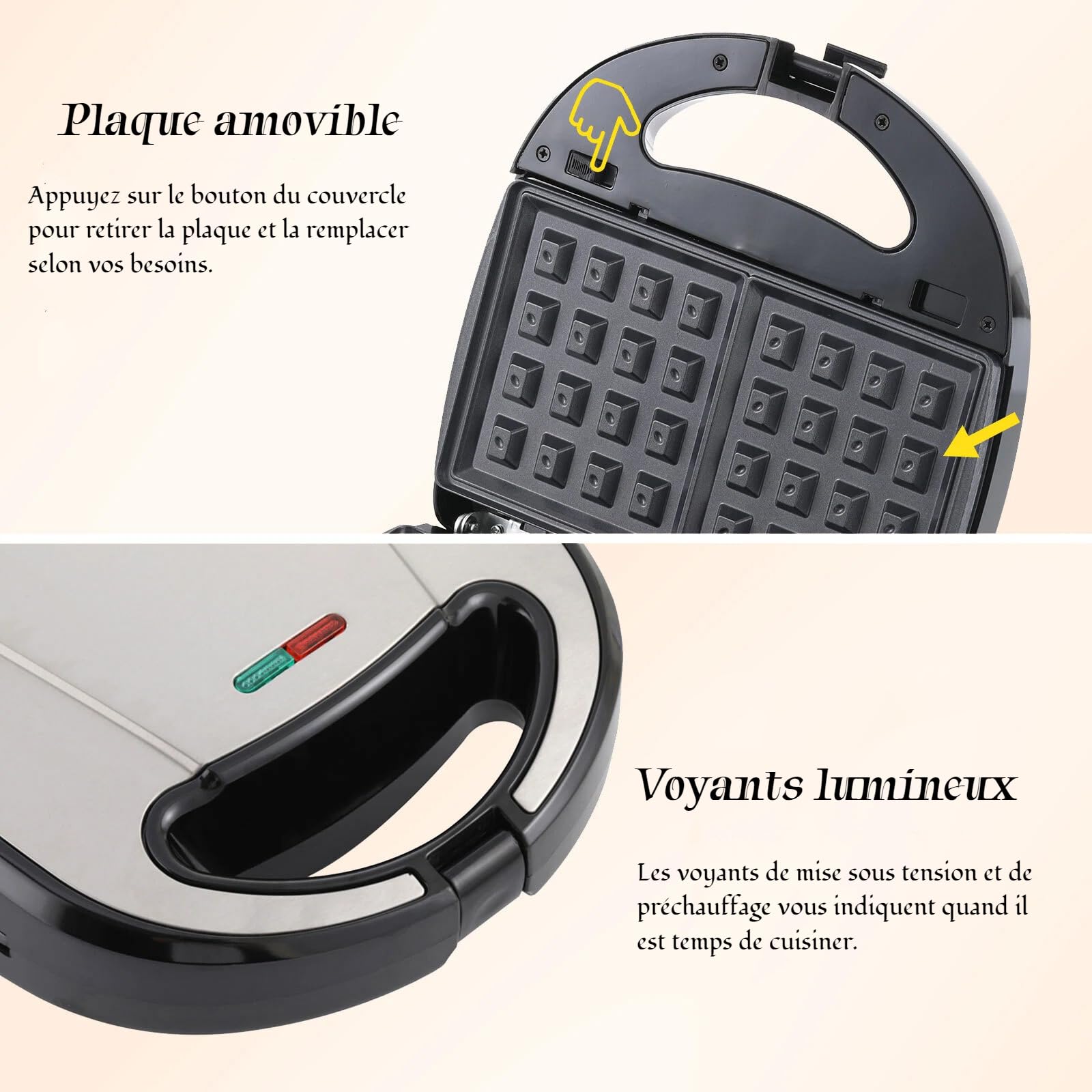 OKYUK Gaufrier, Gauffrier multifonctions 750W avec 6 plaques de gril antiadhésives amovibles, machine a panini répondant à différents besoins de petit-déjeuner