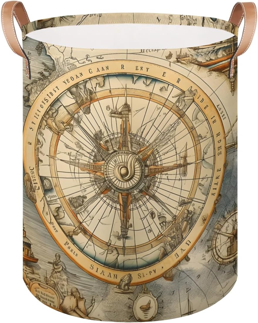 Compass Navigation Round Laundry Basket, Large Clothes Hamper with Leather Handle, Collapsible Laundry Hamper Storage Bin for Home Dorm Office
