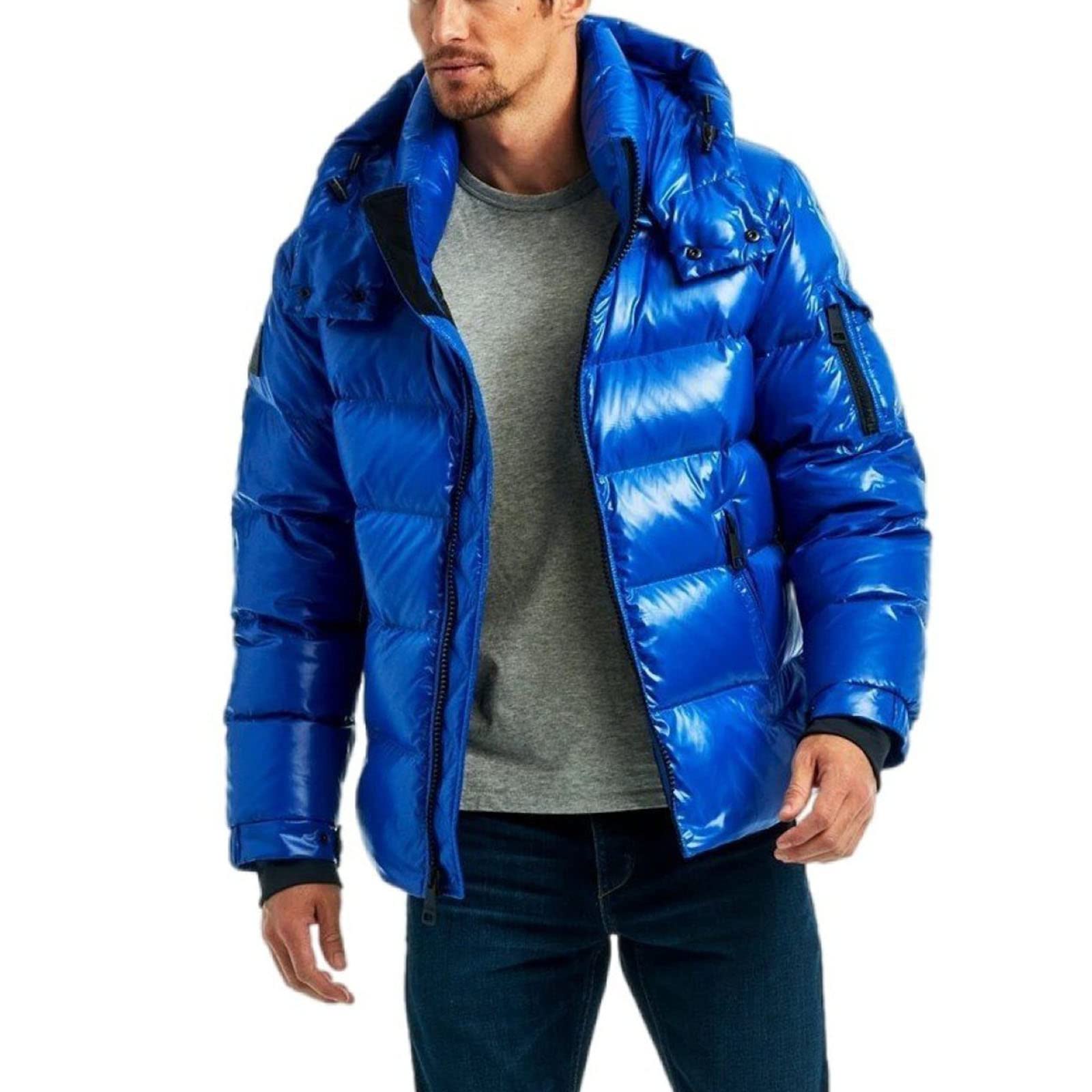sunongvt Shiny Down Jacket for Men,Winter Waterproof Hooded Full Zip Warm Puffer Jacket Windproof Stand Collar Casual Coat,Blue,3XL