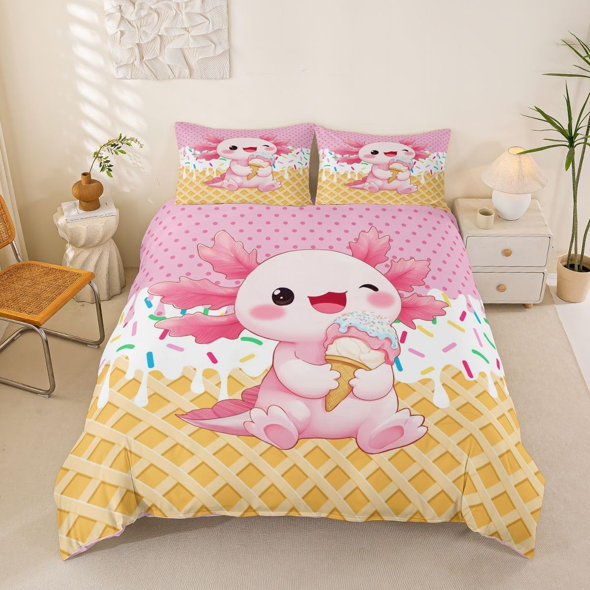 Homemissing Girl Duvet Cover Kawaii Axolotl King Bedding Set