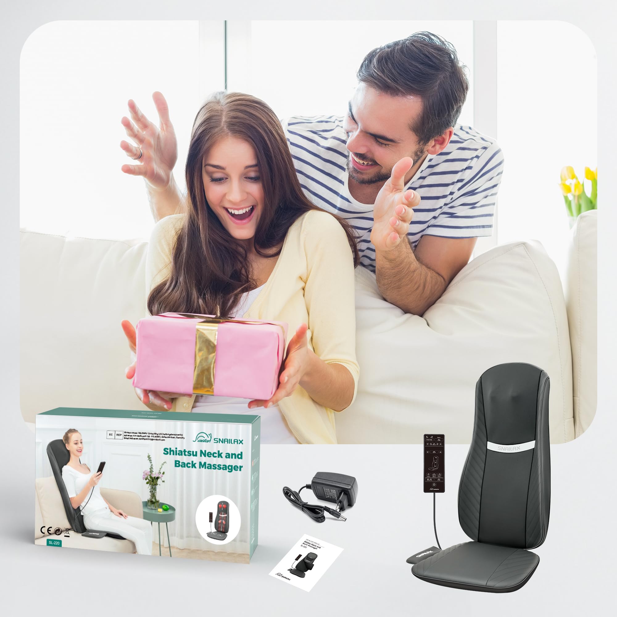 Snailax Asiento de Masaje Shiatsu Mejorado para Masaje de Cuello y Espalda, almohada de masaje para espalda/cuello/hombros, masajeador de espalda con masaje vibratorio, regalo para hombres y mujeres