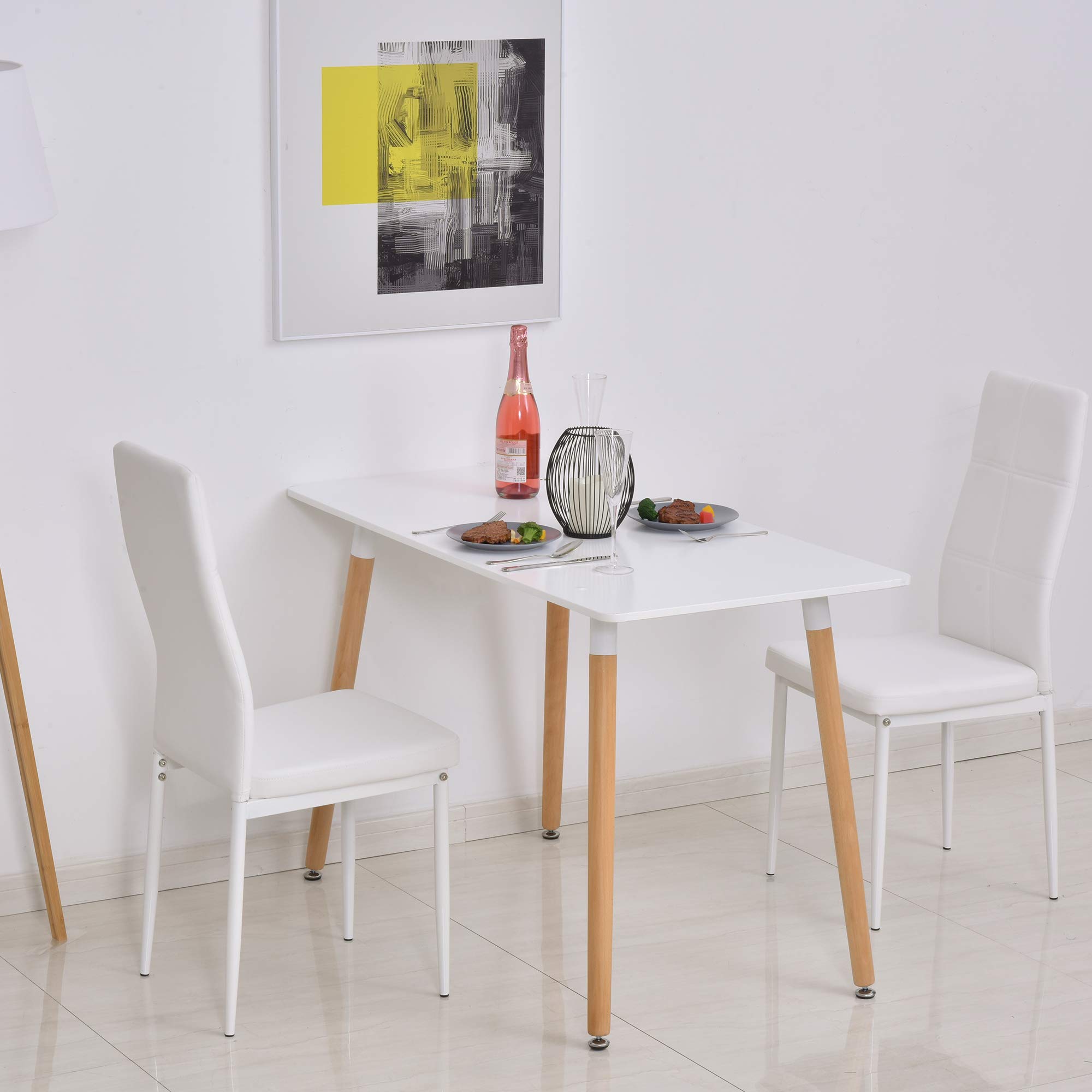 HOMCOM Mesa de Comedor Estilo Nórdico Mesa de Cocina 120x60x75 cm Blanco | Patas de Madera de Haya, Estructura de Metal