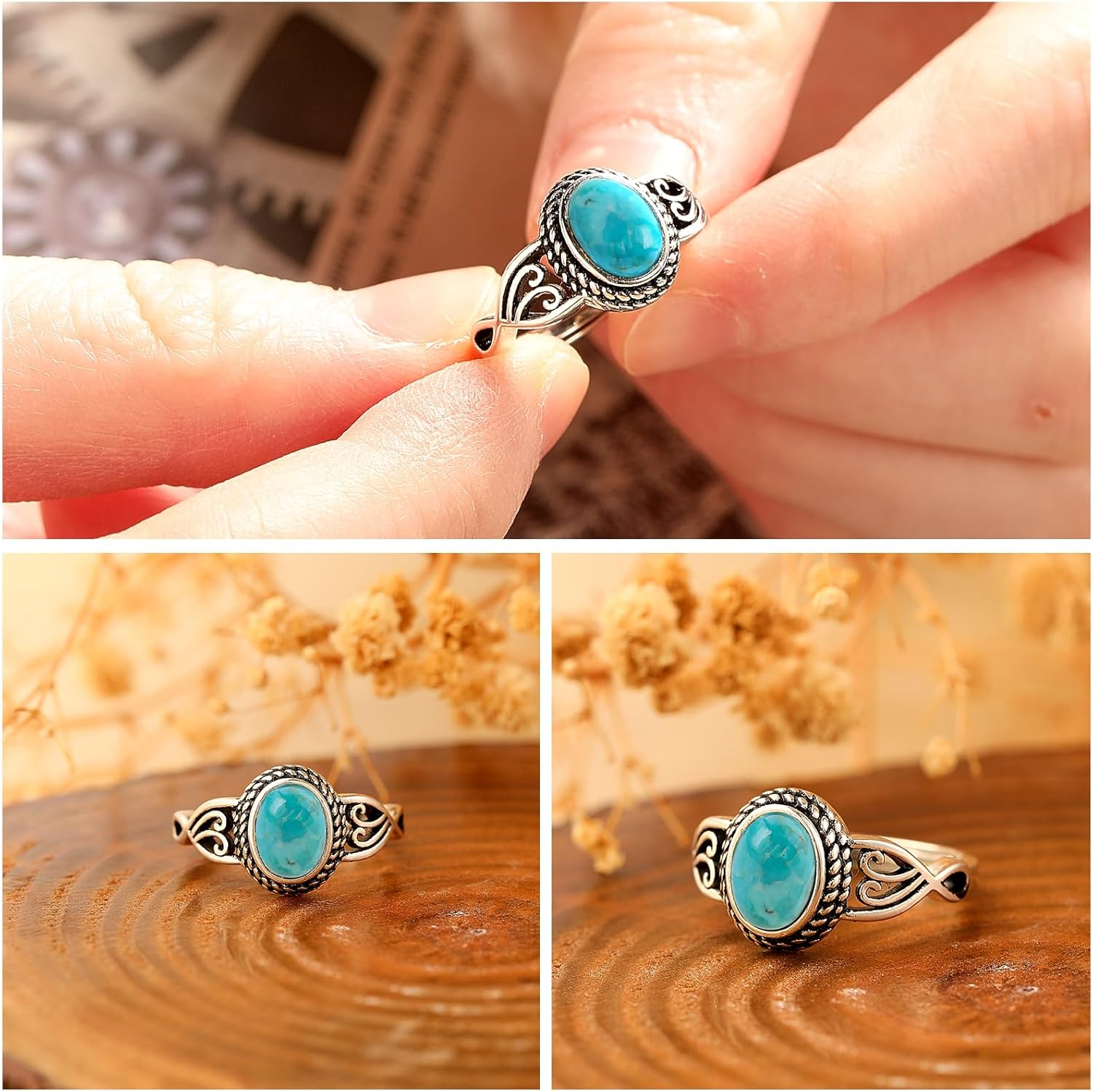 Adjustable Rings for Women 925 Sterling Silver Rings Womens Vintage Rings with 6 * 8mm Oval Teal Turquoise/Turquoise/Moonstone/Opal Statement Rings Fit Women Size 6-9 - Image 4