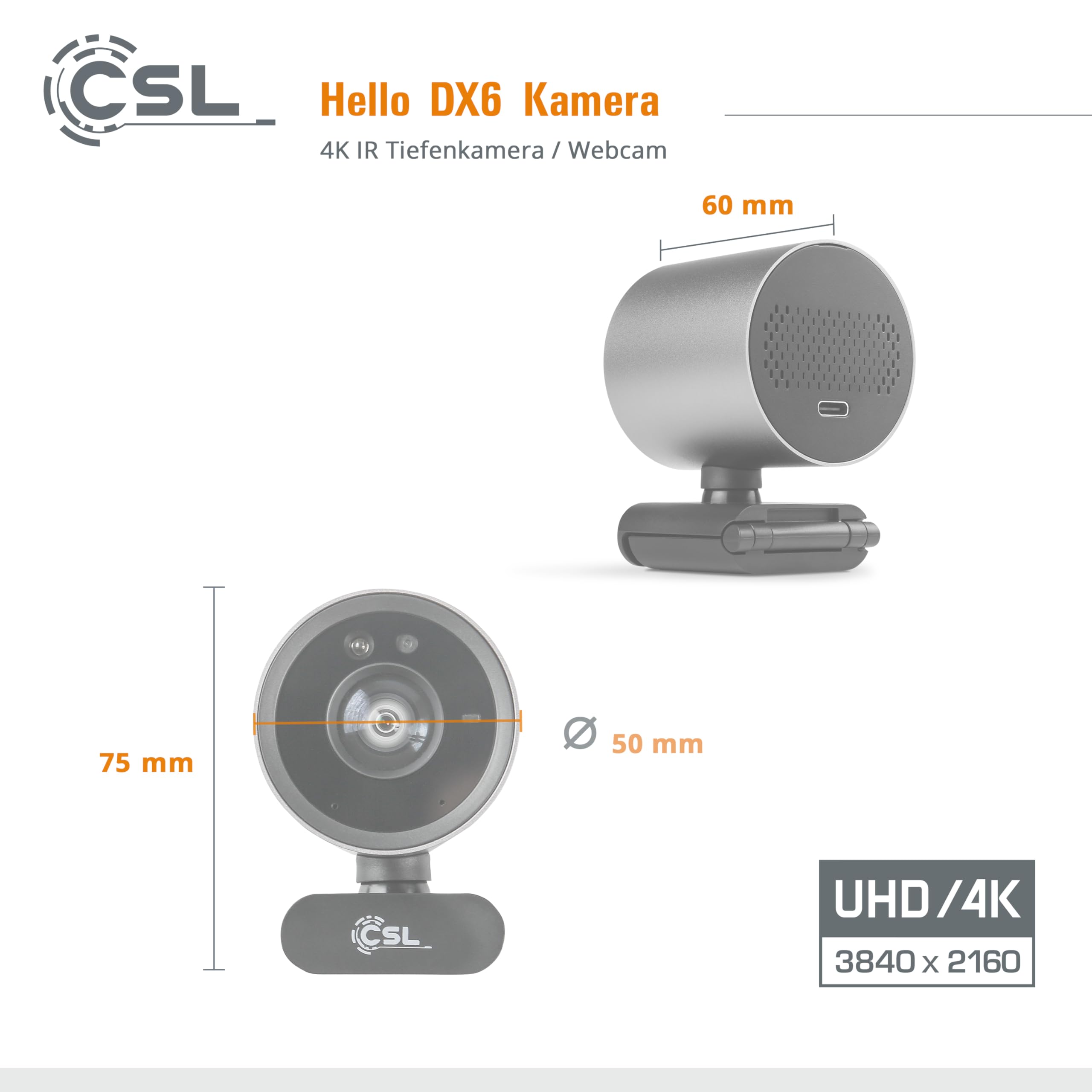 CSL Hello DX6 - Cámara web para Windows Hello DX6, cámara infrarroja profunda, 3840 x 2160 @ 30 Hz, micrófono integrado, videochat, 4K, reconocimiento facial, Windows 11 Hello Login