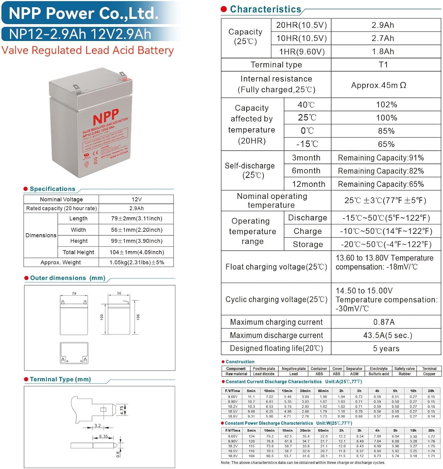 NPP 12V 2.9Ah Rechargeable AGM SLA Battery with F1 Terminals, 12Volt Deer Feeder Battery Replacement for UPS, Emergency Light, Alarm Security System etc (2Pcs)
