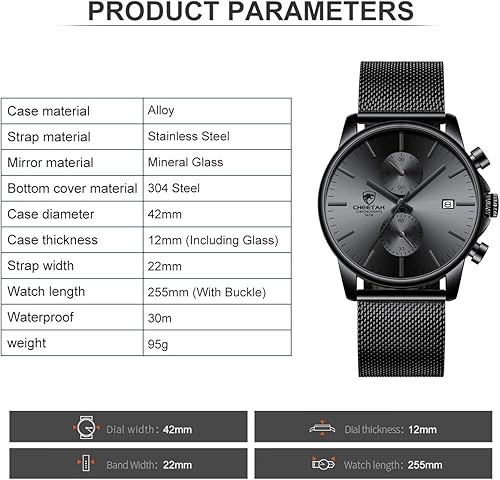 Vista 5 de GOLDEN HOUR - Reloj de moda para hombre, elegante, minimalista, de cuarzo, analógico, malla de acero inoxidable, impermeable, cronógrafo