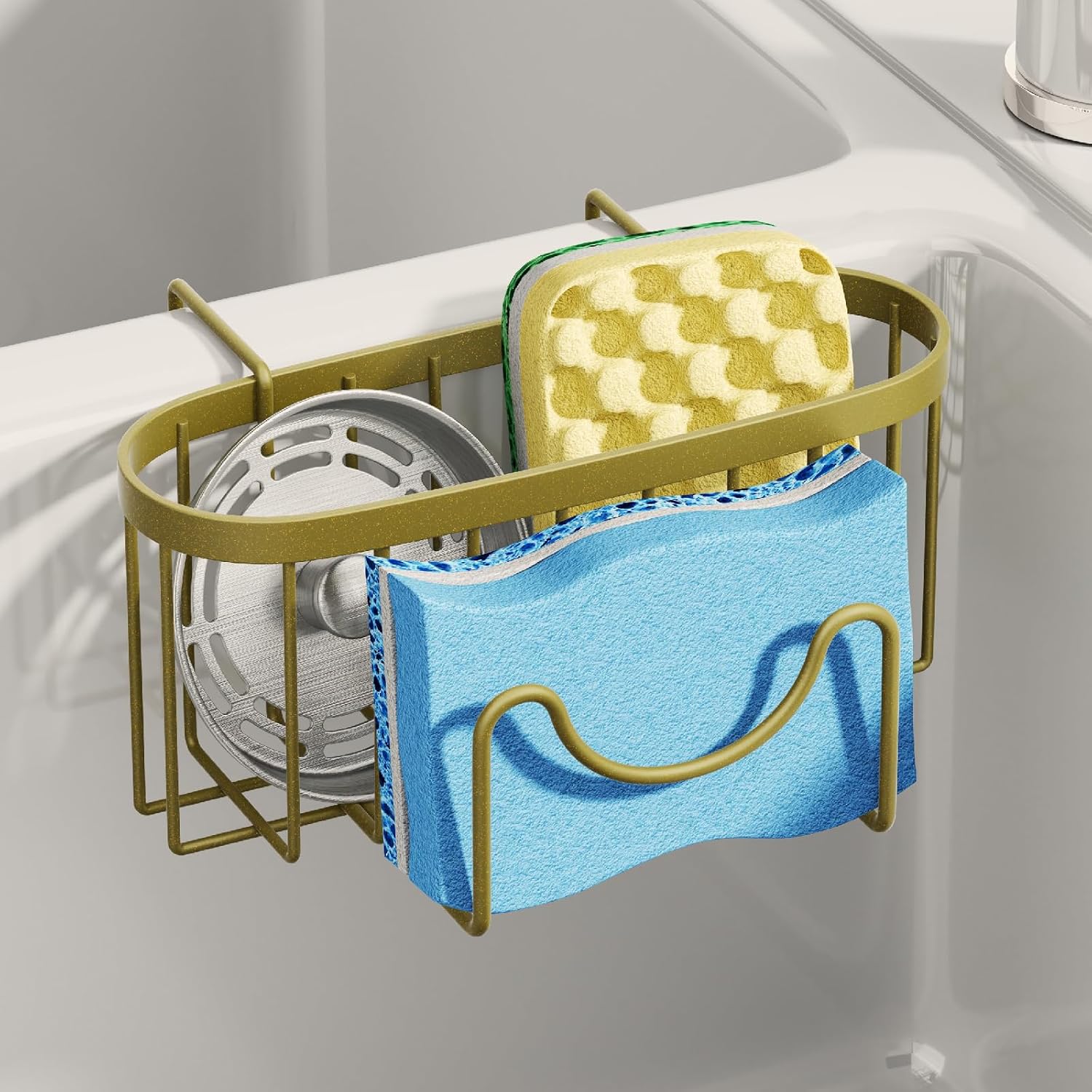 SWTYMIKI Sponge Holder for Kitchen Sink - Movable Kitchen Sink Caddy with M Shape Hook, Stainless Steel Hanging Sponge Caddy for Dish Sponge, Brush, Stopper Organizer in Double Sink, Gold