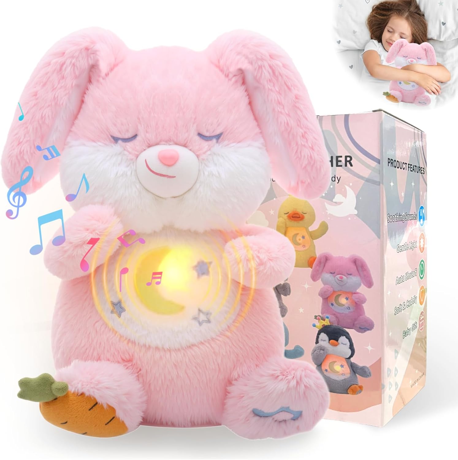 Emoin Breathing Bunny Plush, Breathing Stuffed Animal Sleep Buddy Bunny Teddy Plush with Light and Musical Doll for Adults and Kids,Anxiety Teddy for Adults Pink Bunny Toy