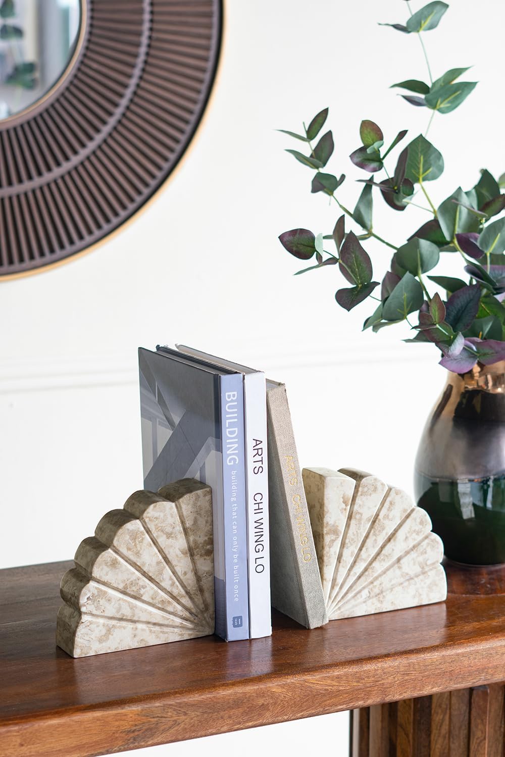 A&B Home Scalloped Quarter Circle Bookends - Set of 2 Decorative Marble Bookends, Home and Office Tabletop Decoration, Living Room Console Table Bedroom Bookshelf Accent Piece, 8.3" x 5.3" x 6.9"