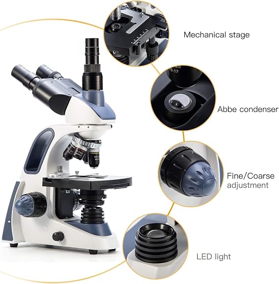 SWIFT SW380T 40X-2500X,Trinocular Compound Lab Microscope with Double Layer Mechanical Stage,Siedentopf Head, Wide-Field 10X/25X Eyepieces