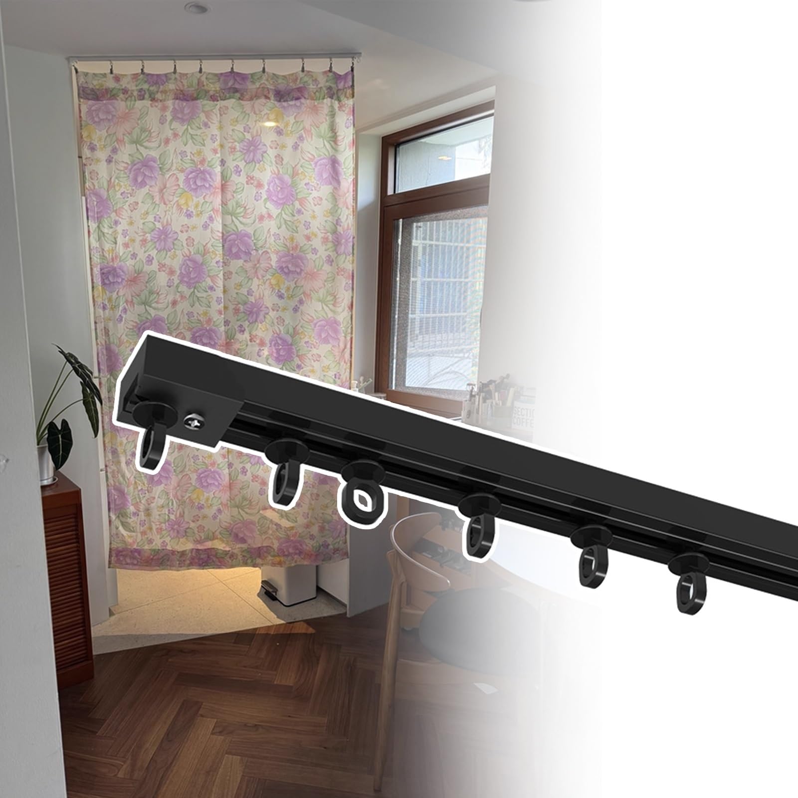 GTHTUHFD Ceiling Track System For Curtains – 0.30M To 6.0M – No Drill, No Tools Needed, Adhesive Curtain Rail With Pulley For Easy Installation,Black-280cm/9.2ft(2 * 140cm)