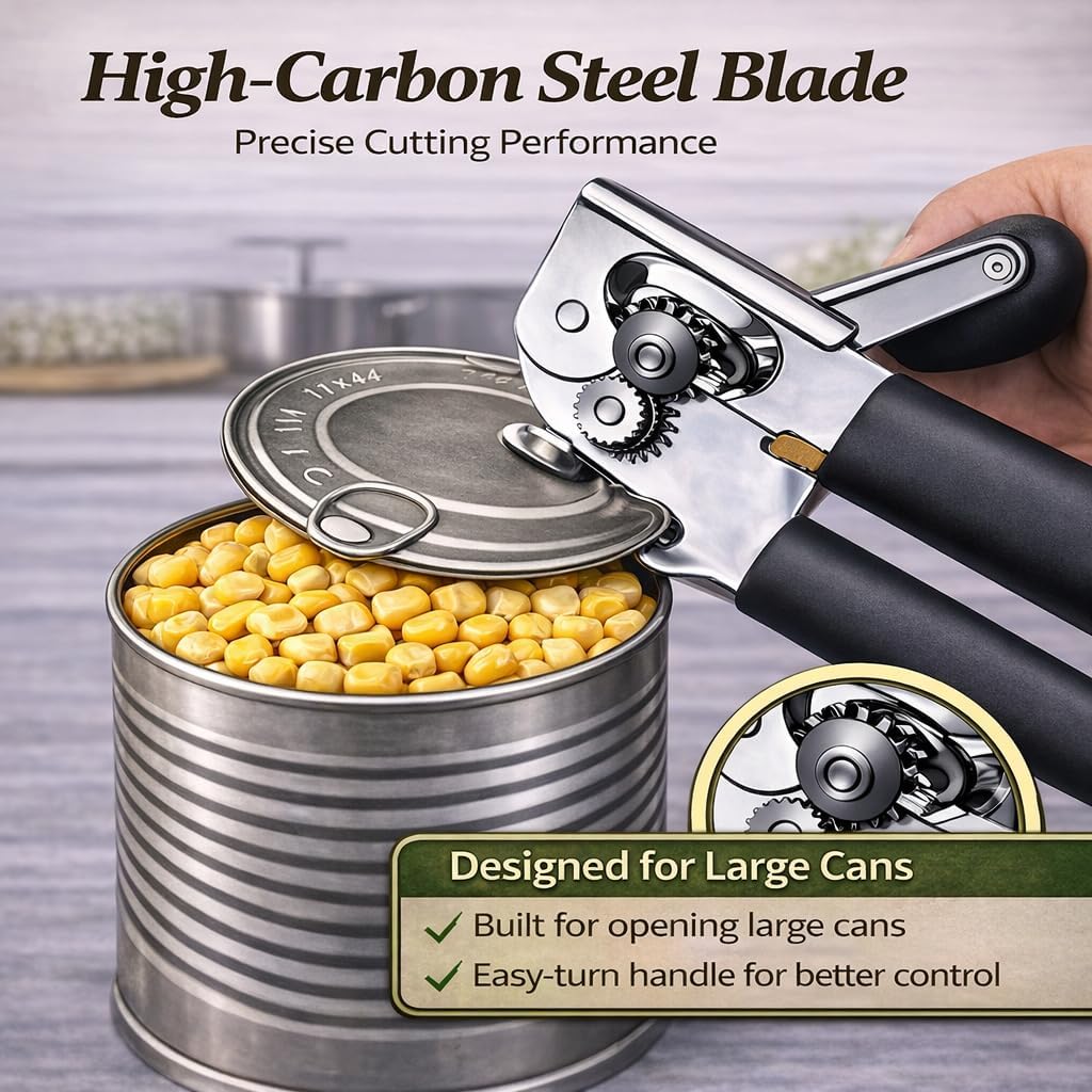 Commercial Can Opener, Heavy Duty Manual Can Opener for Large Cans, Hand Crank Can Opener with Magnetic Lid Lifter, Stainless Steel with Bottle Opener