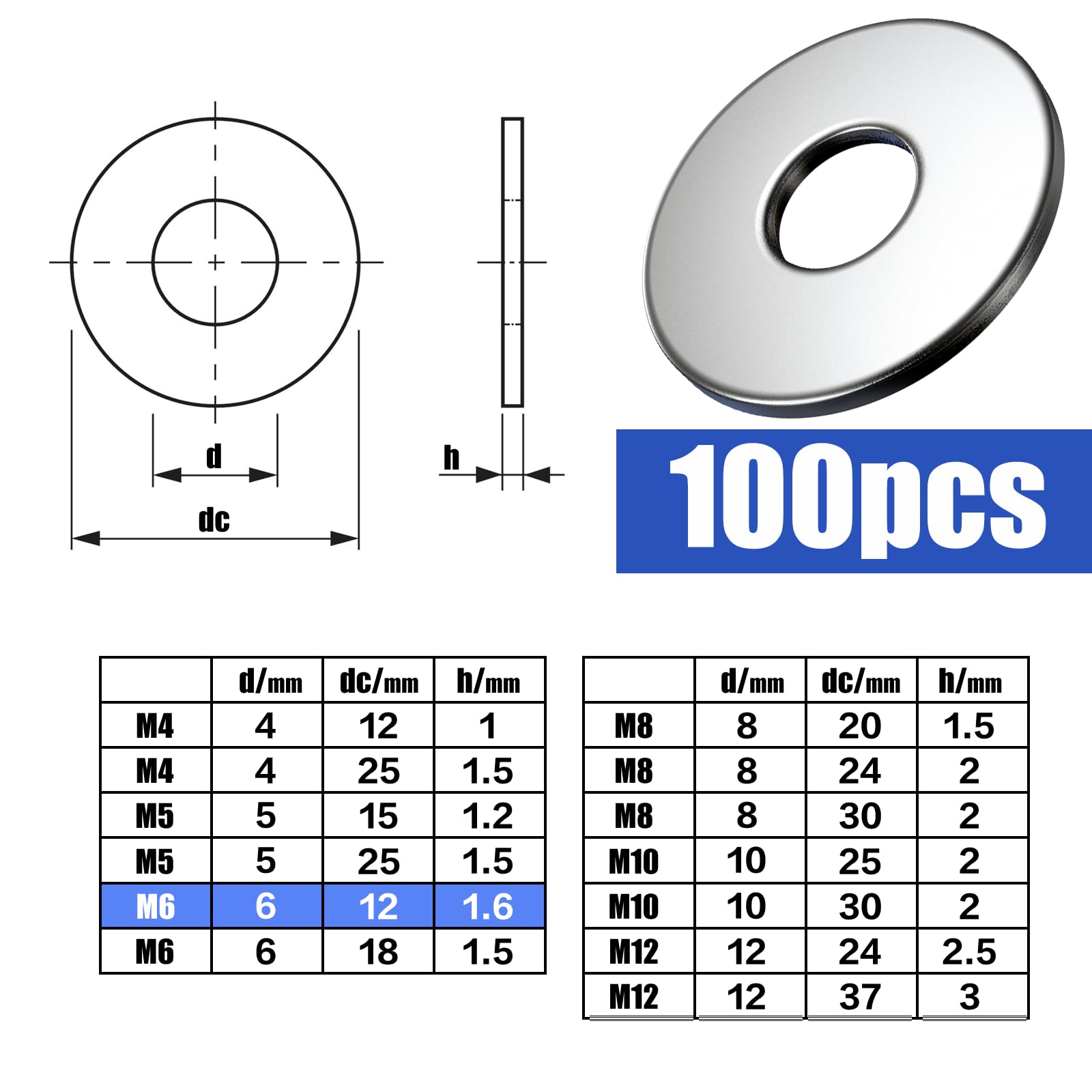 DKBT 100 Pieces M6 Washers Penny Washers M6X12mm A2 304 Stainless Steel Washer Plain Metal Flat Repair Round for Screws Bolts Nuts - Image 2