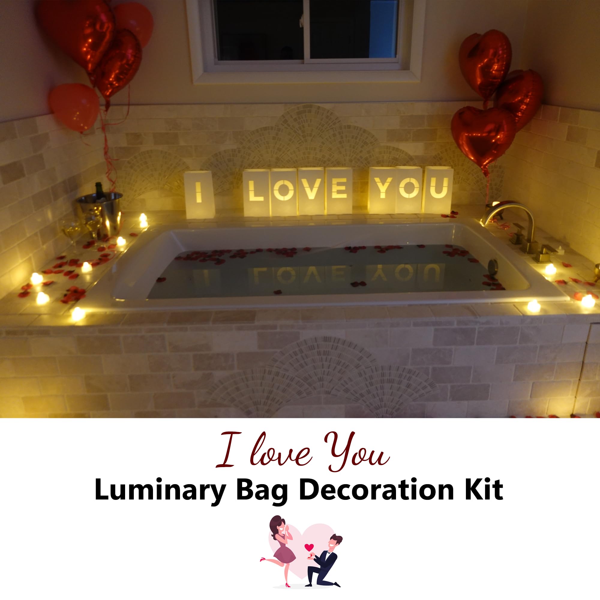 I Love You Luminary Bags with LED Tea Light Candles, Balloons, and Rose Petals – Romantic Decorations for Proposals, Anniversaries, and Special Moments